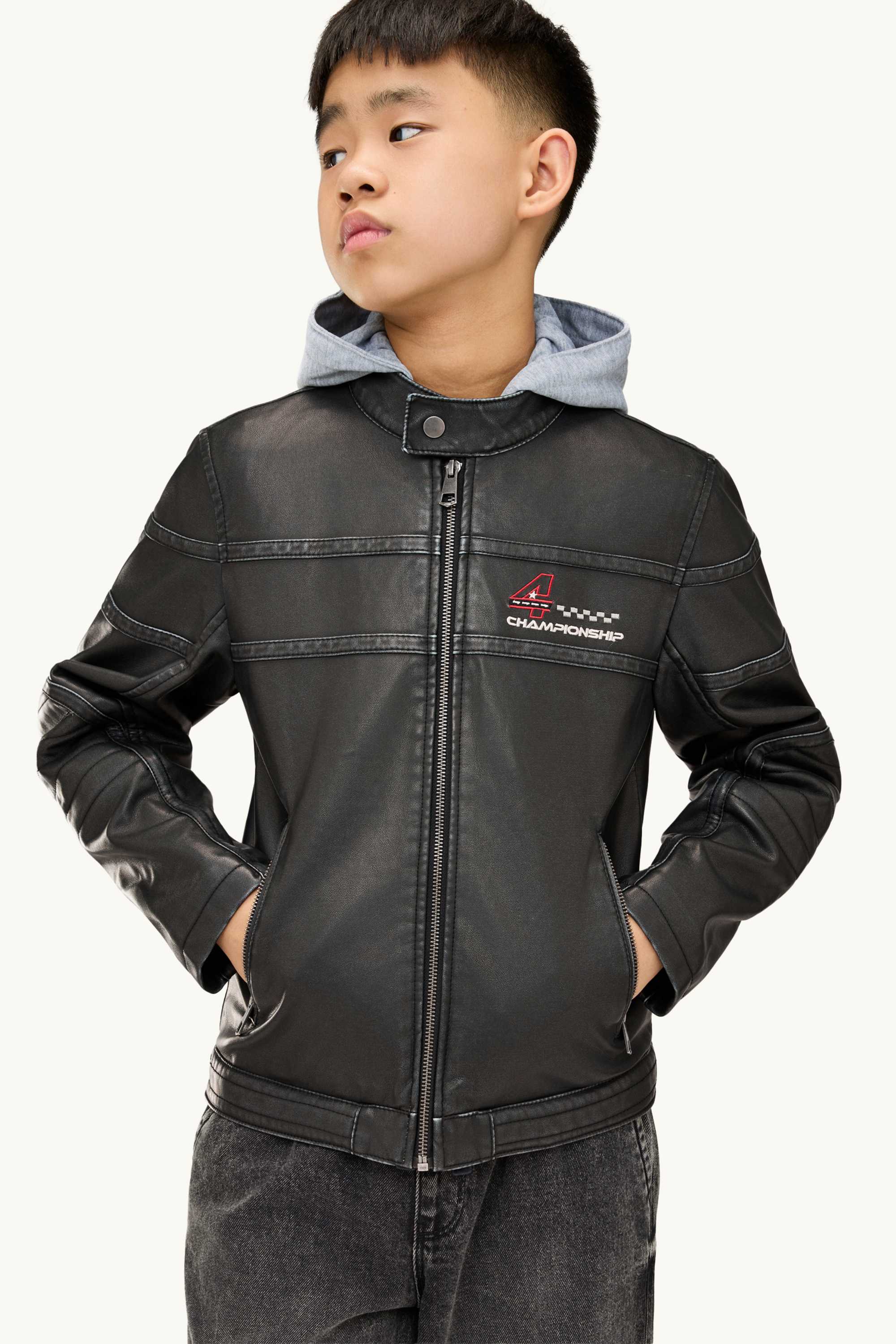 Racing - biker jacket with hood - faux leather black