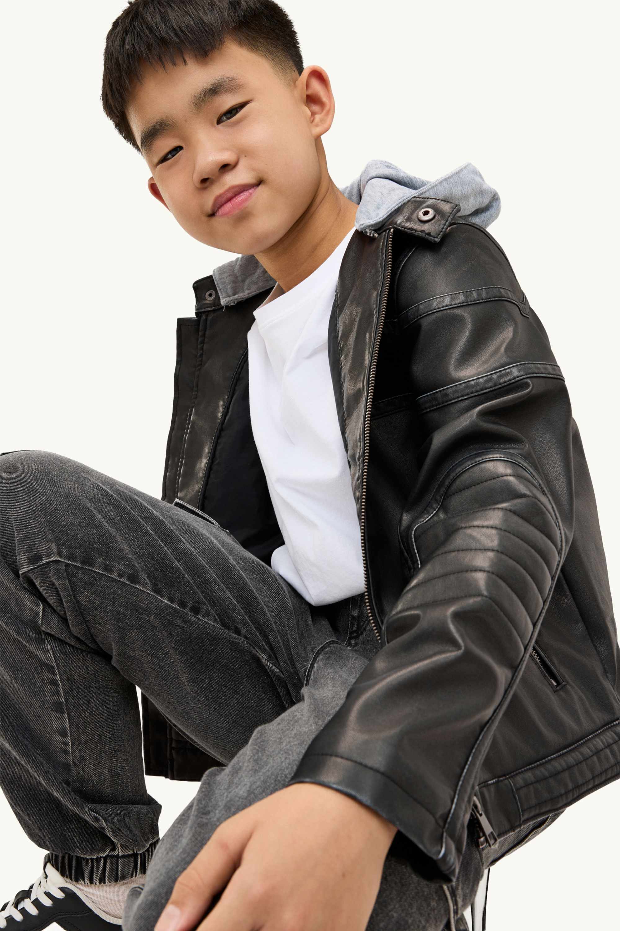 Racing - biker jacket with hood - faux leather black