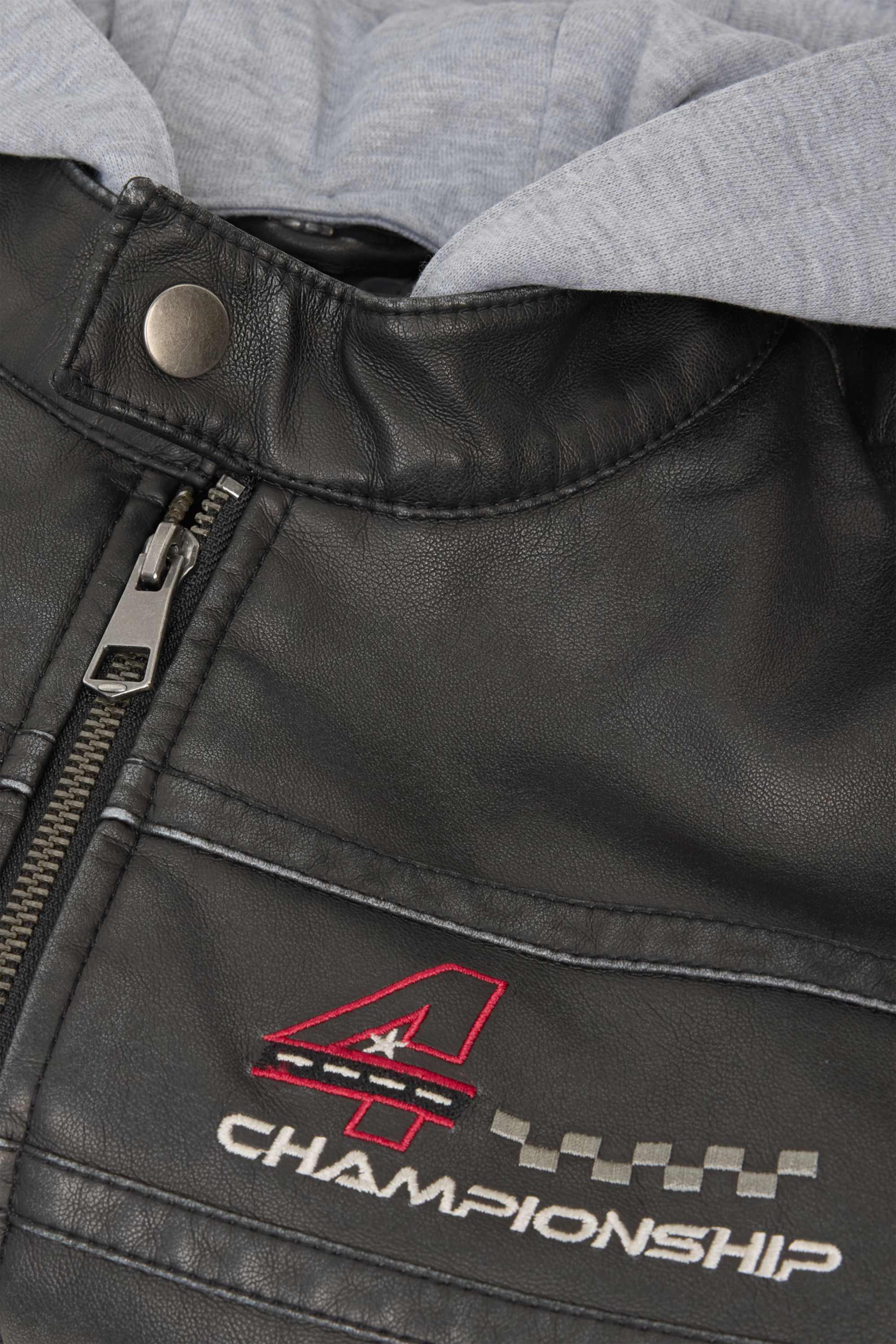 Racing - biker jacket with hood - faux leather black
