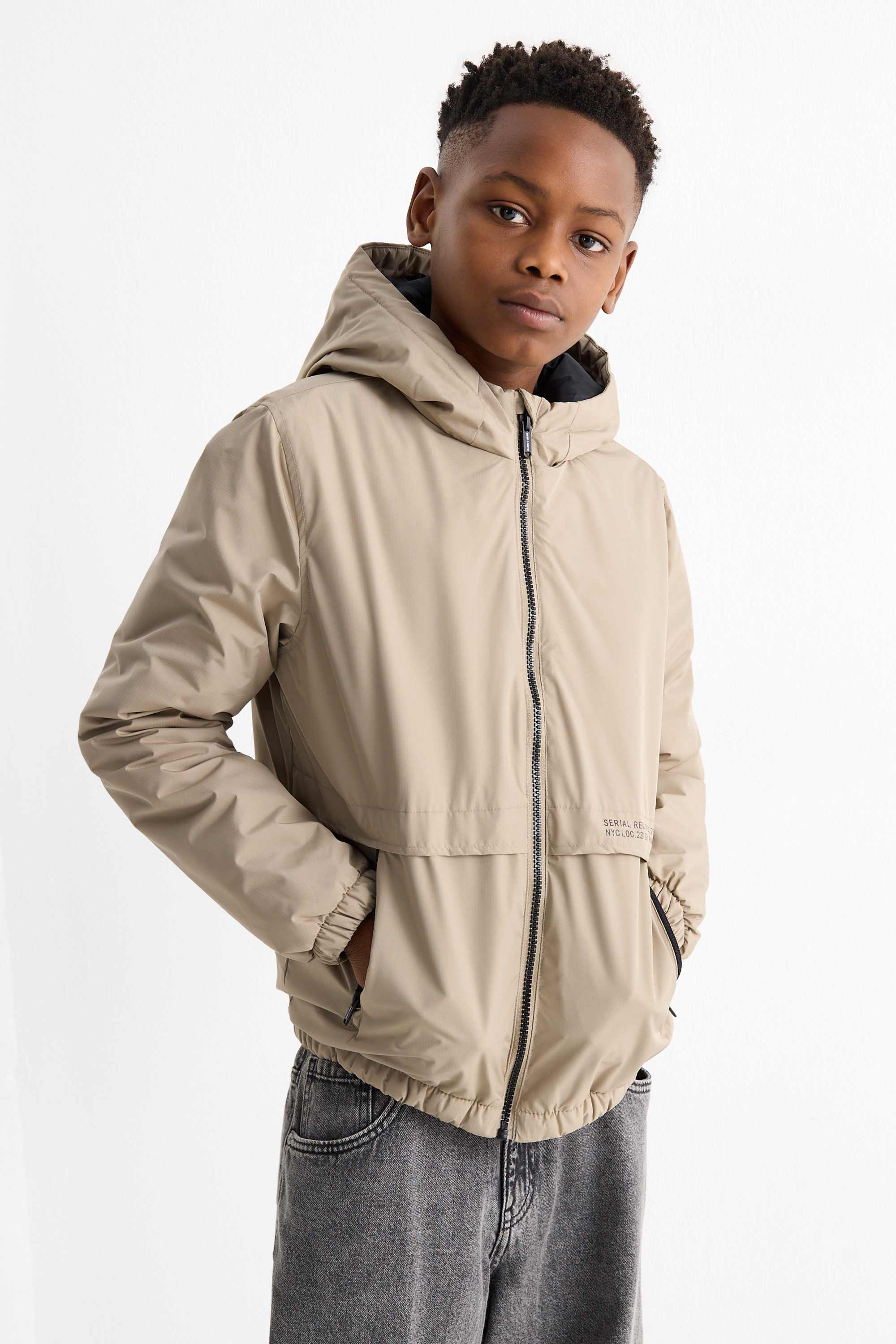 Jacket with hood - lined - textured beige