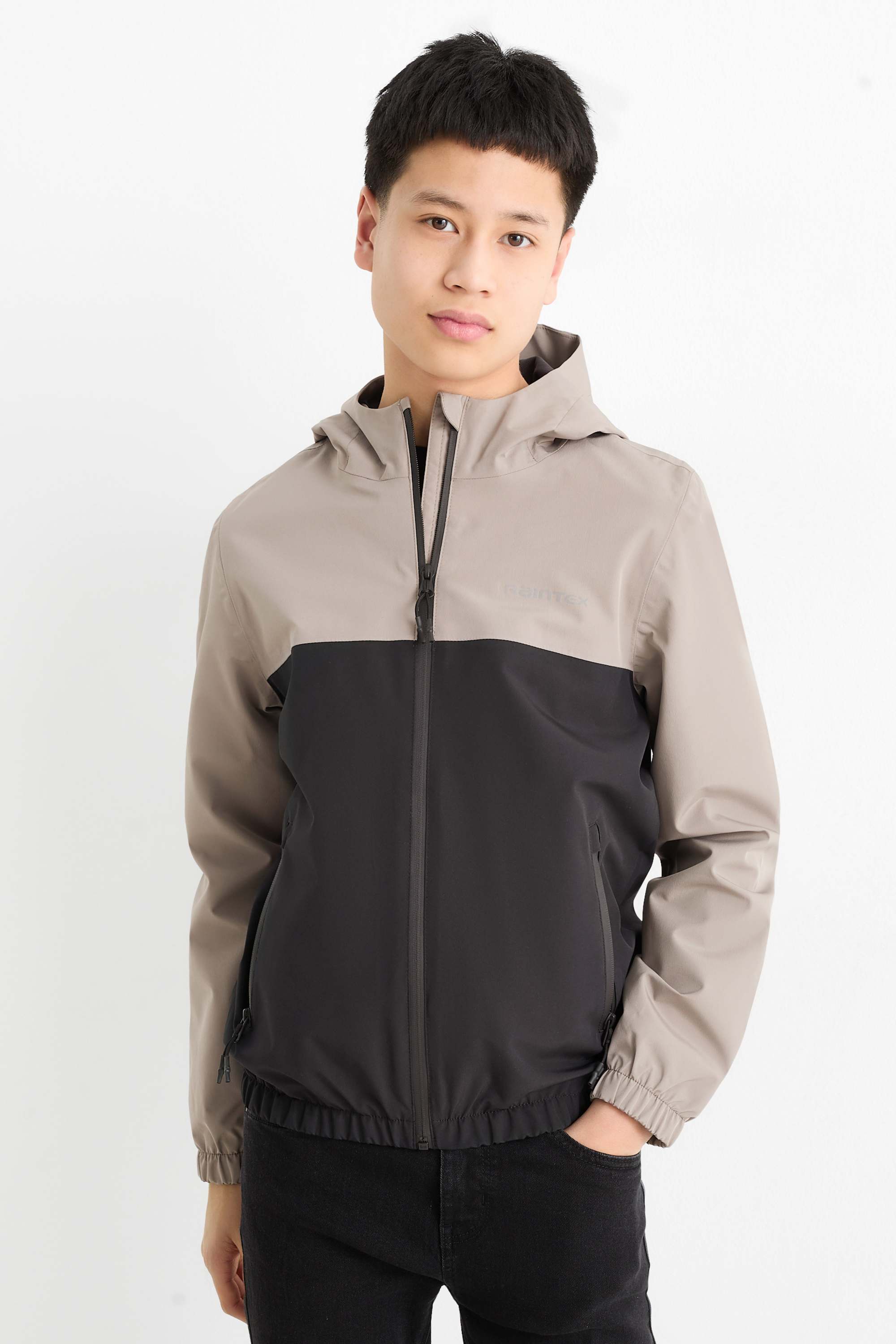 Rain jacket with hood - waterproof black / beige