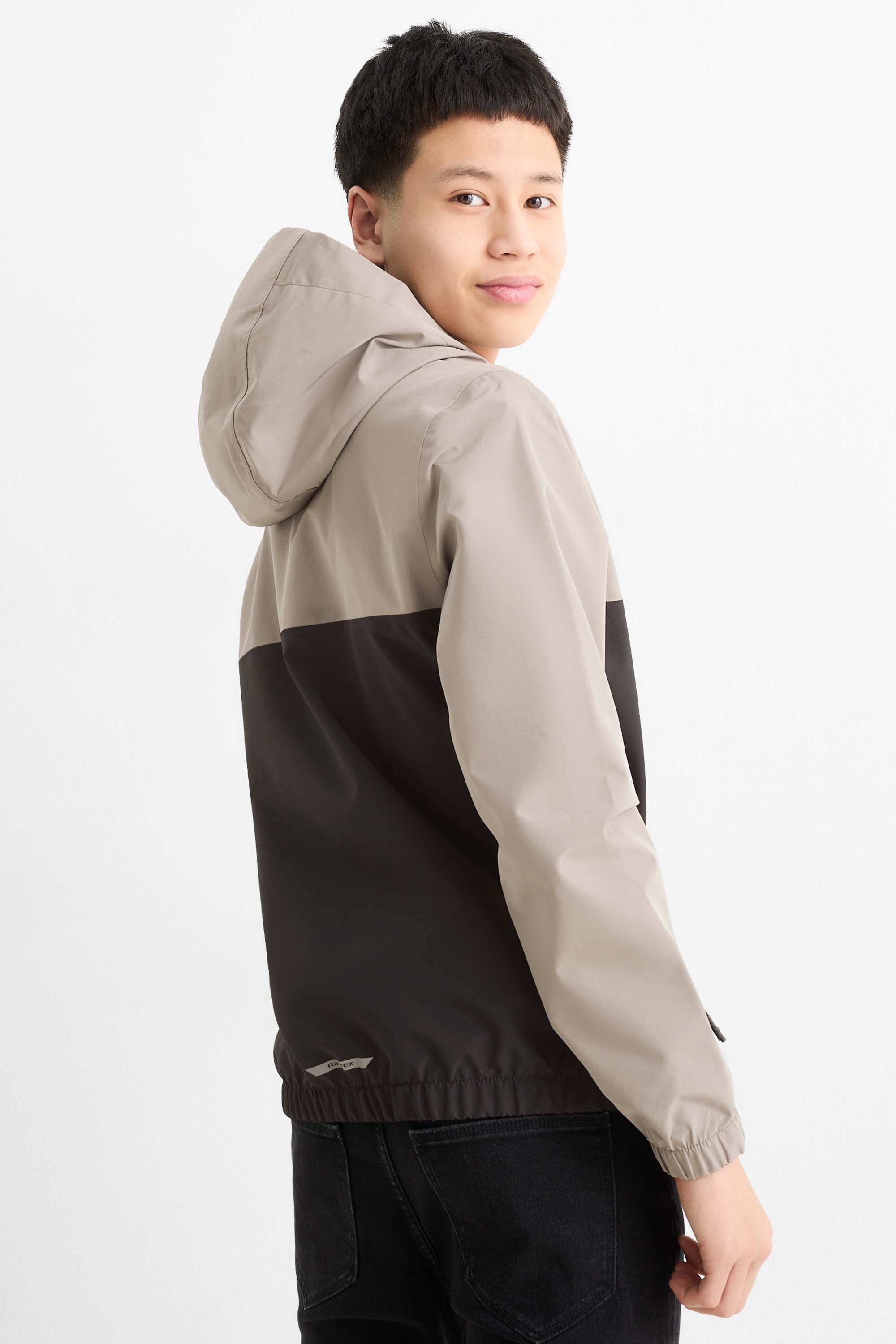 Rain jacket with hood - waterproof black / beige