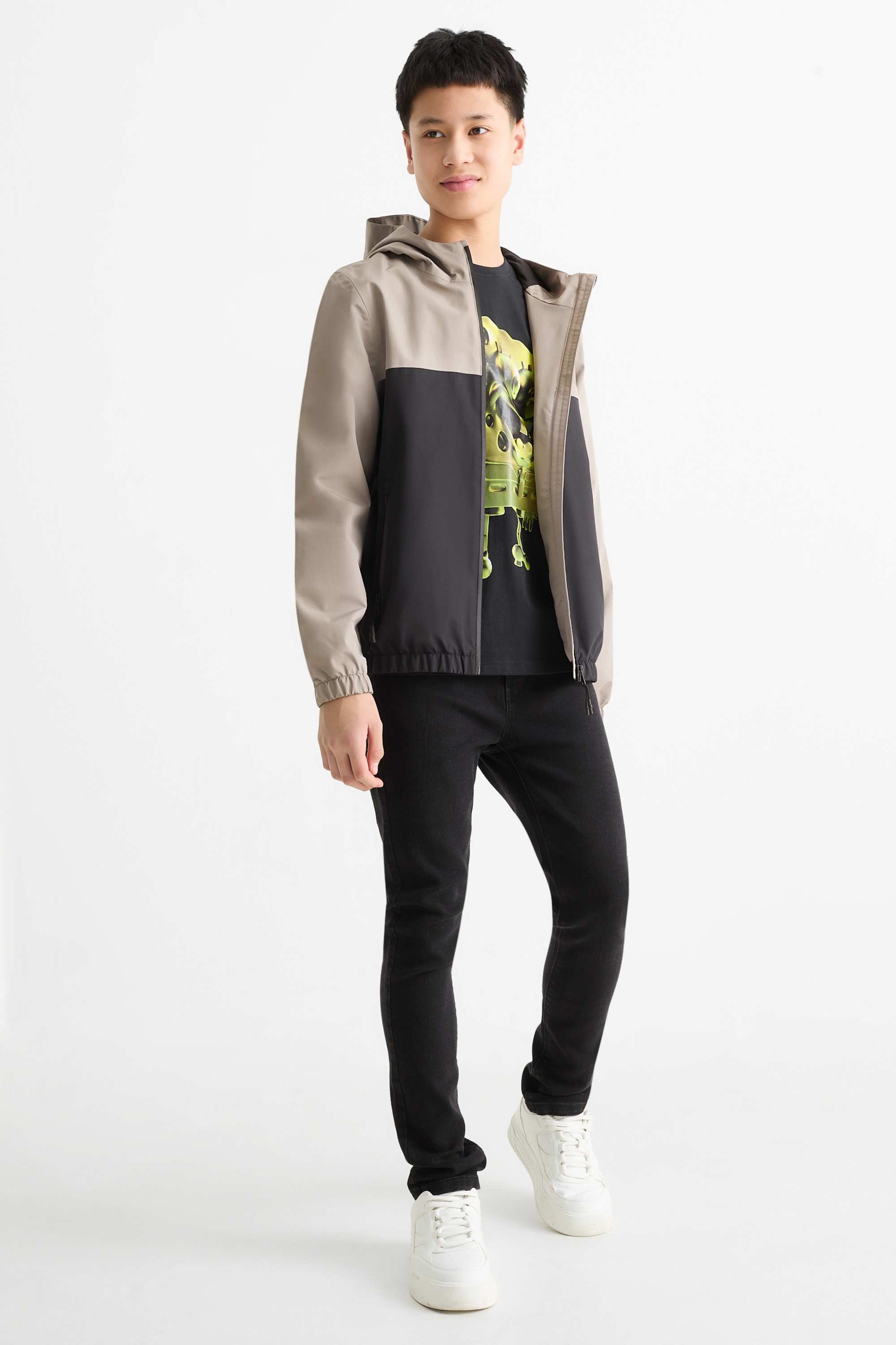 Rain jacket with hood - waterproof black / beige