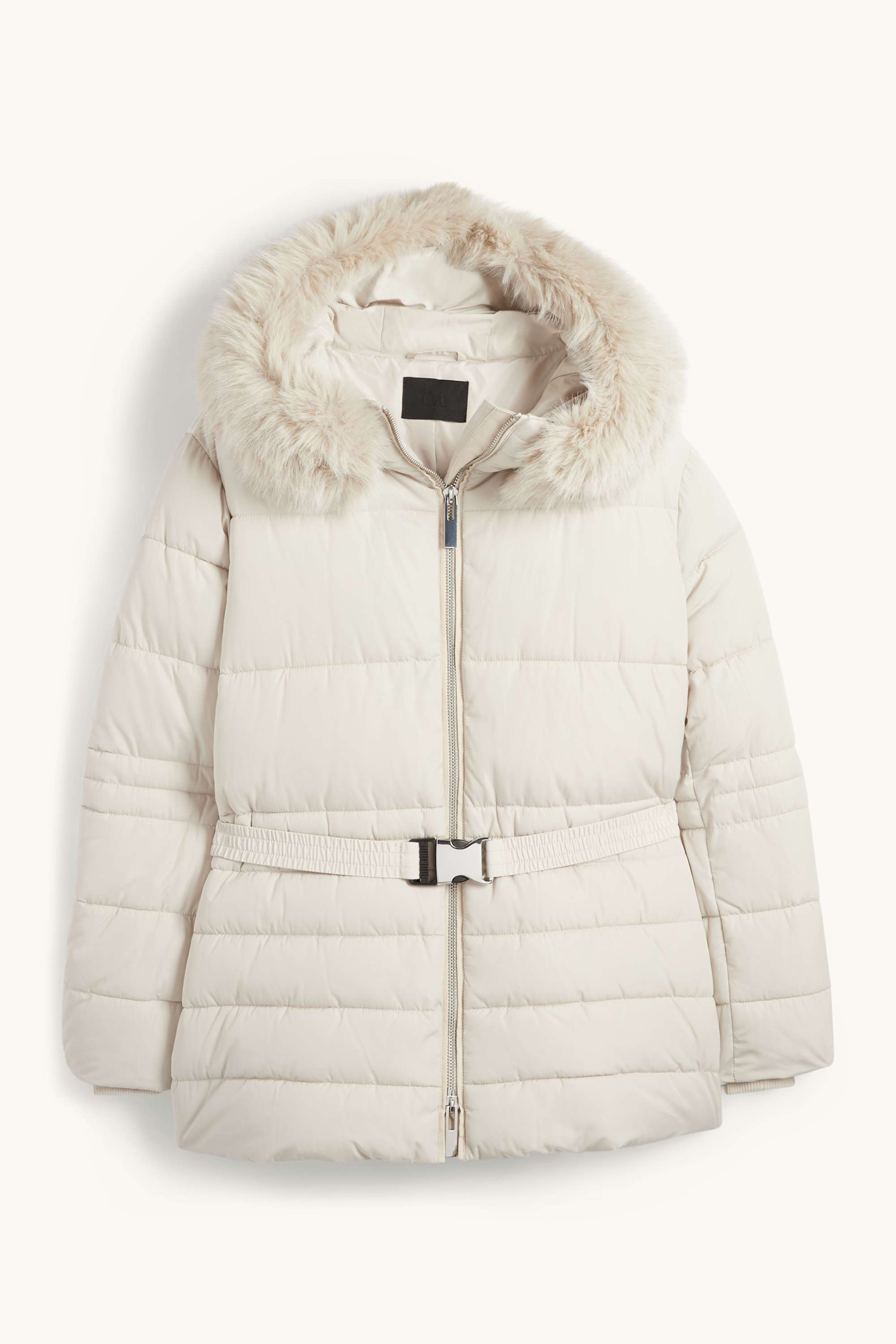 Quilted jacket with belt, hood and faux fur trim light beige