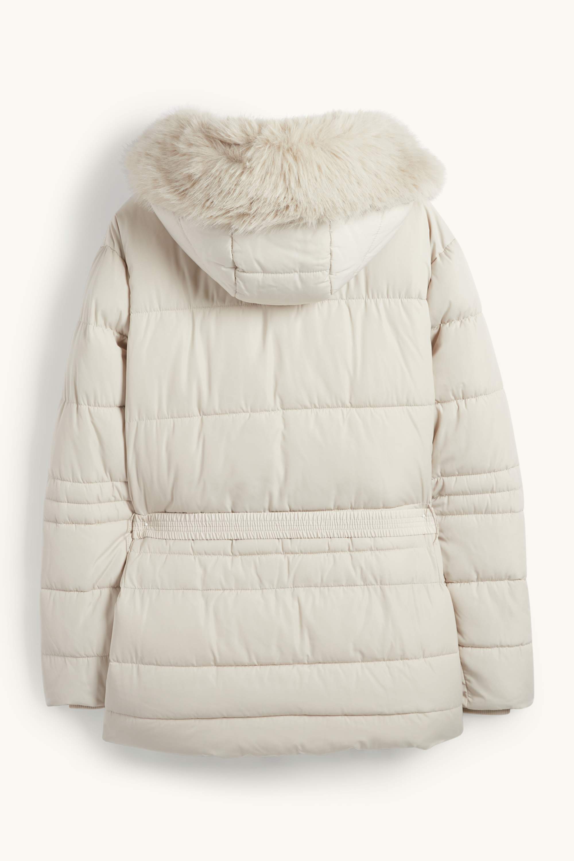 Quilted jacket with belt, hood and faux fur trim light beige