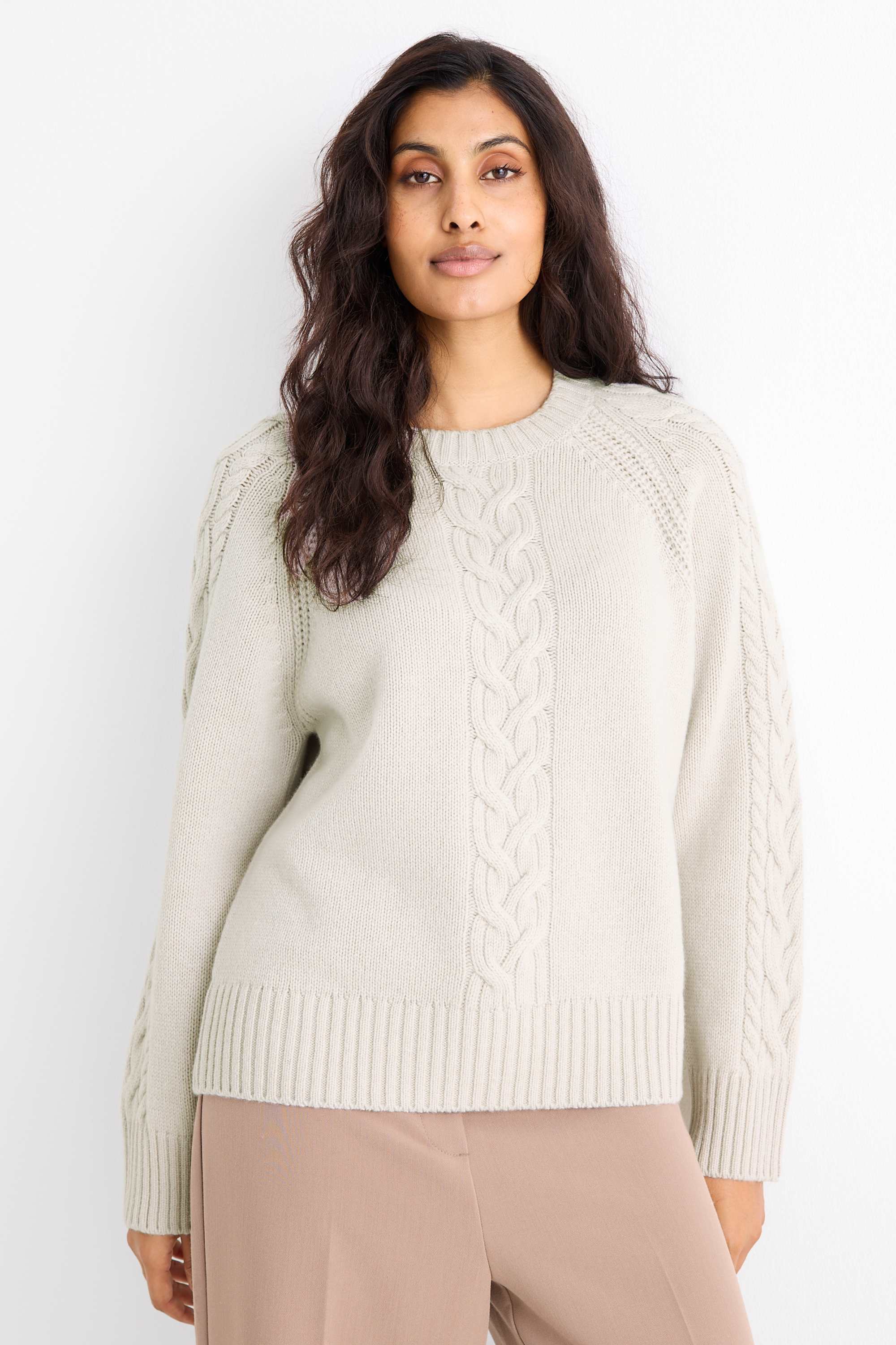 Cashmere jumper - cable knit pattern light gray
