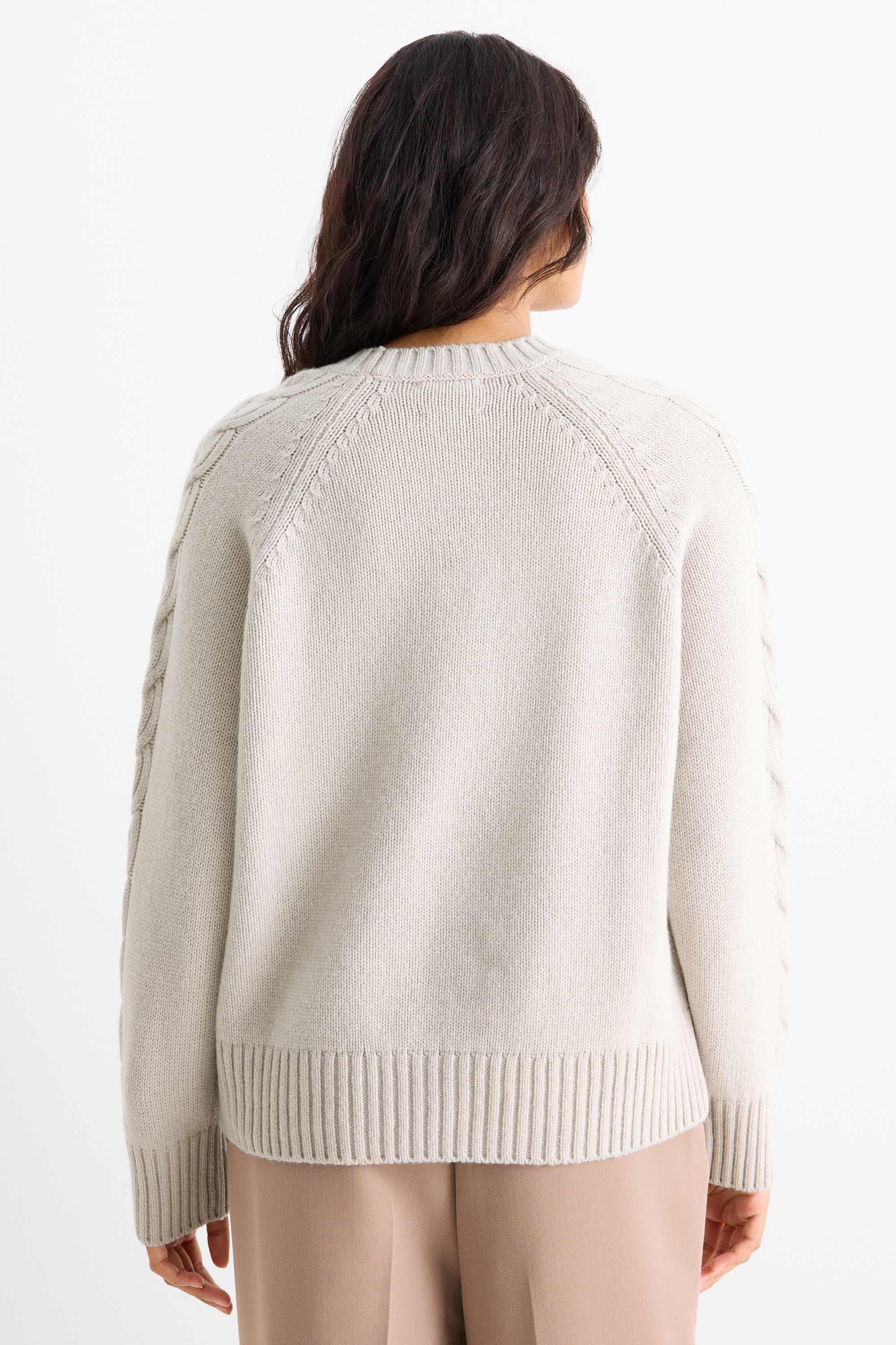 Cashmere jumper - cable knit pattern light gray