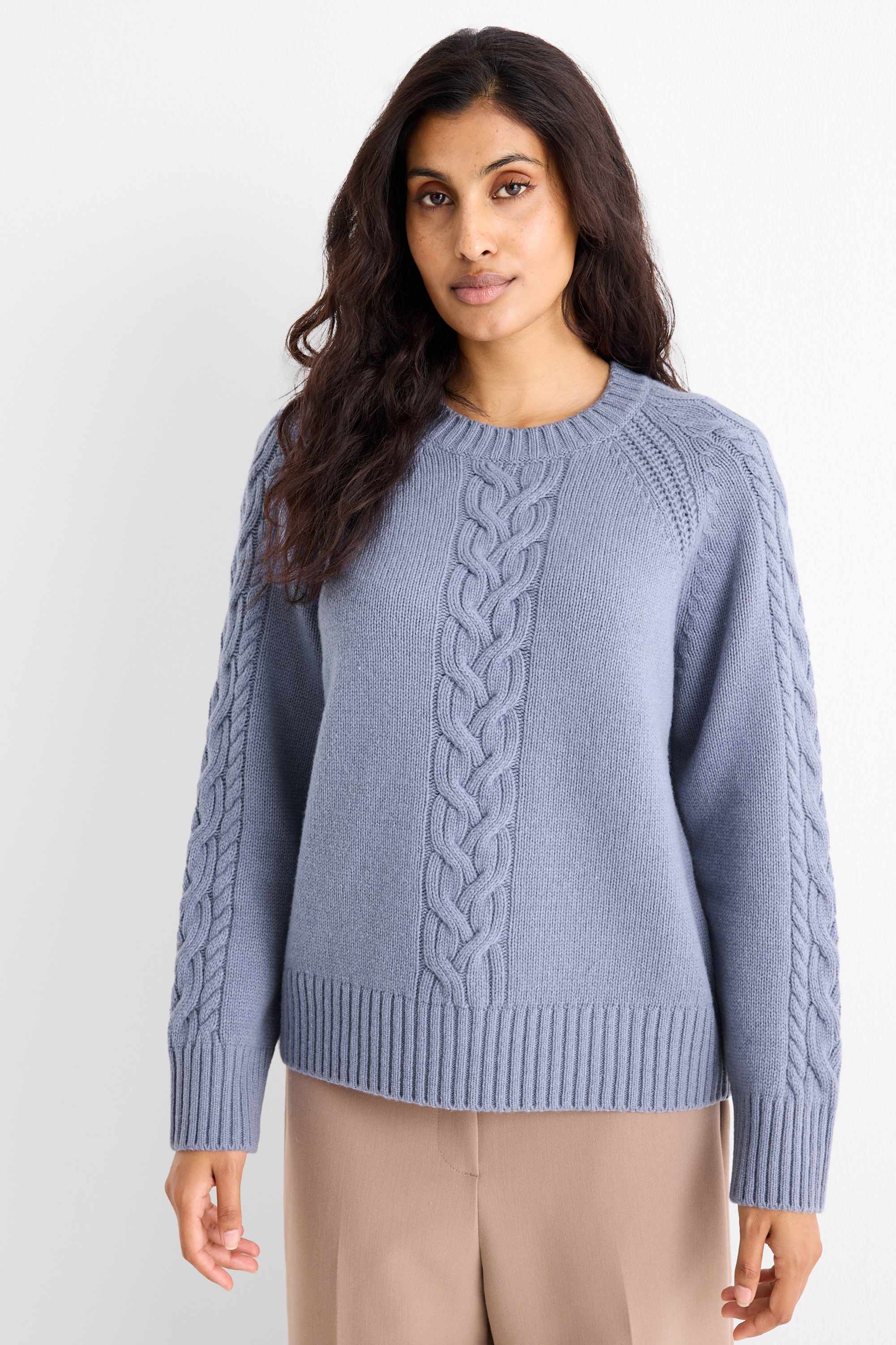 Cashmere jumper - cable knit pattern blue