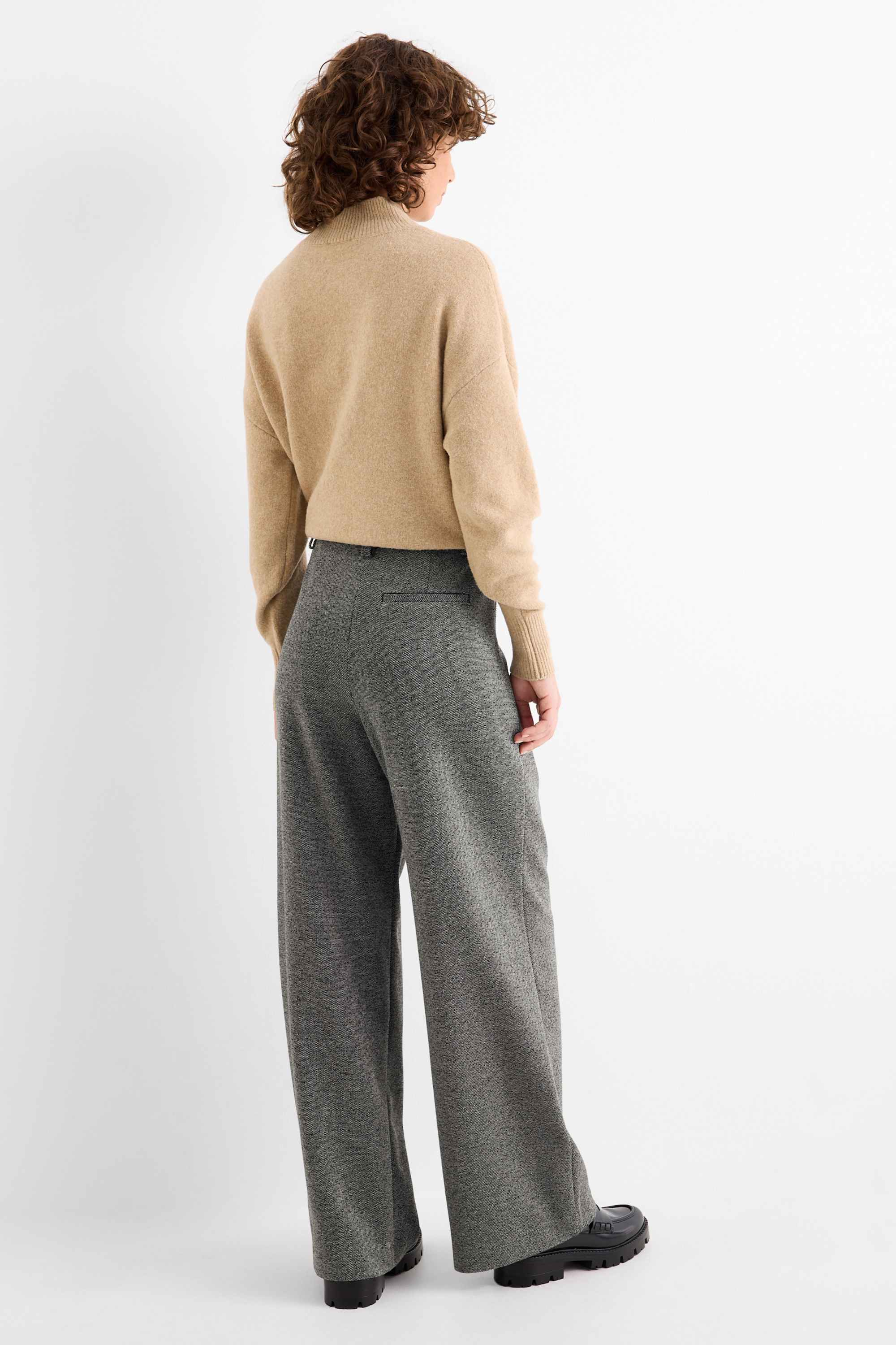 Jersey trousers - high waist - wide leg - textured dark gray / white