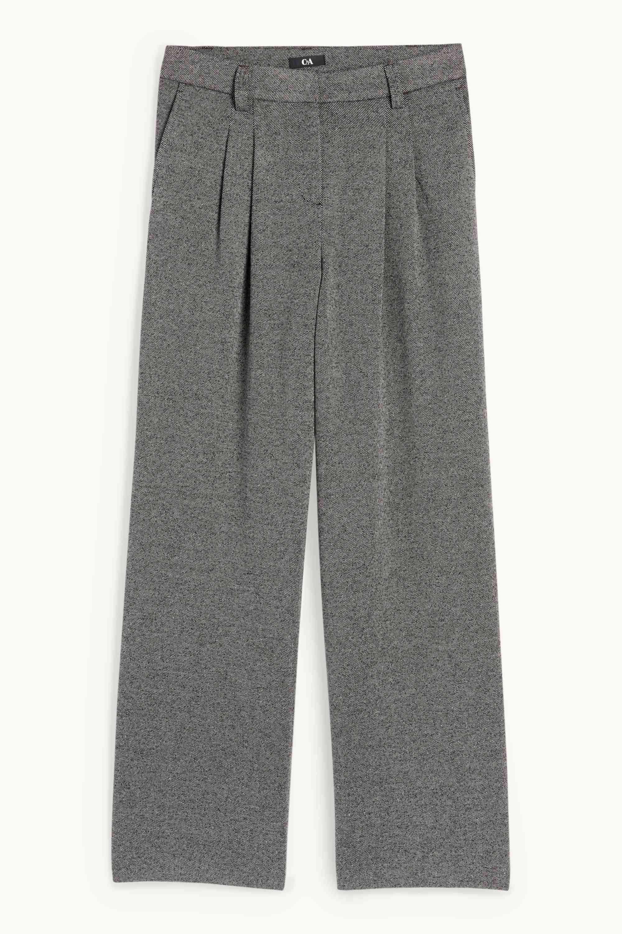 Jersey trousers - high waist - wide leg - textured dark gray / white