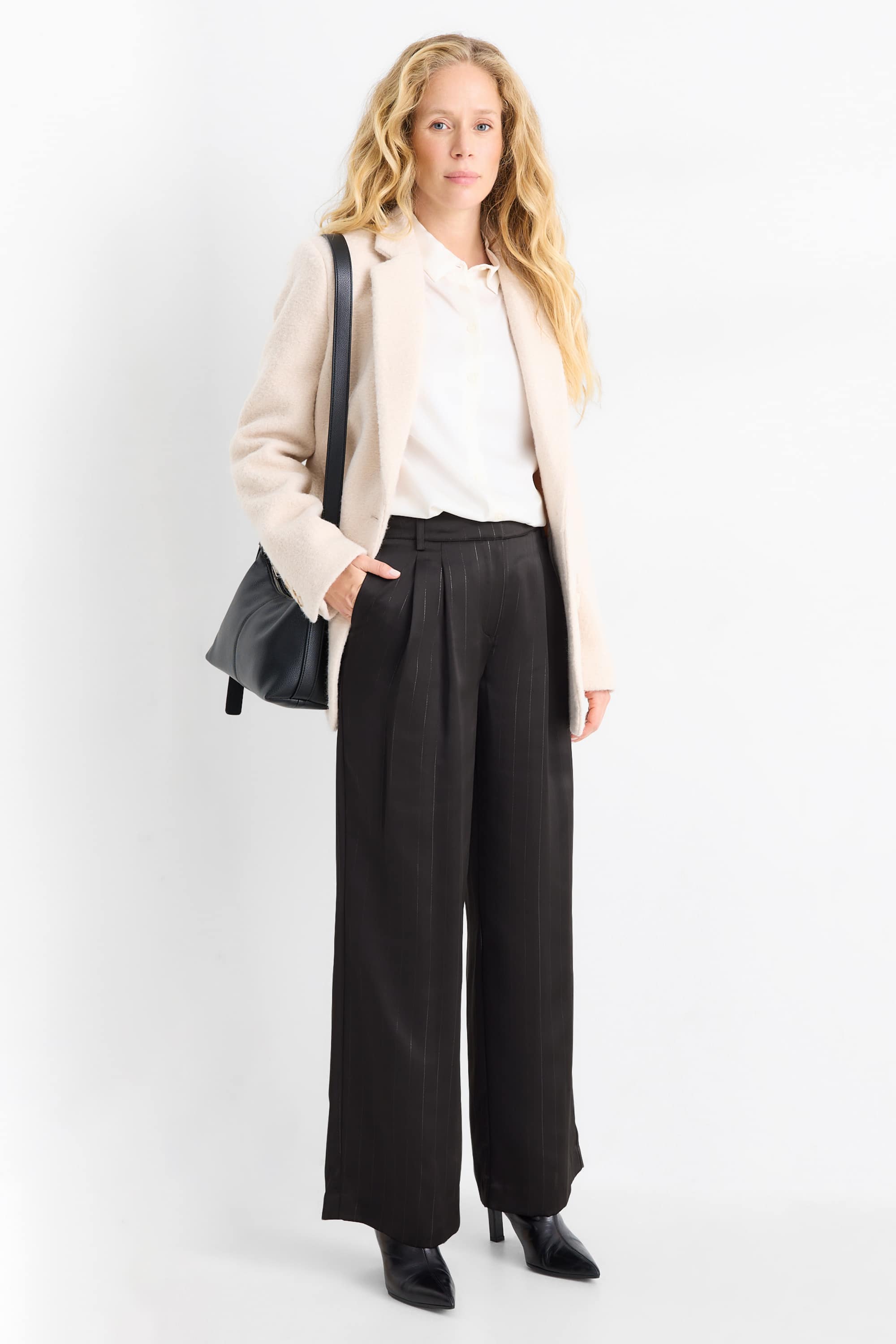 Satin trousers - mid-rise waist - wide leg - pinstripes black