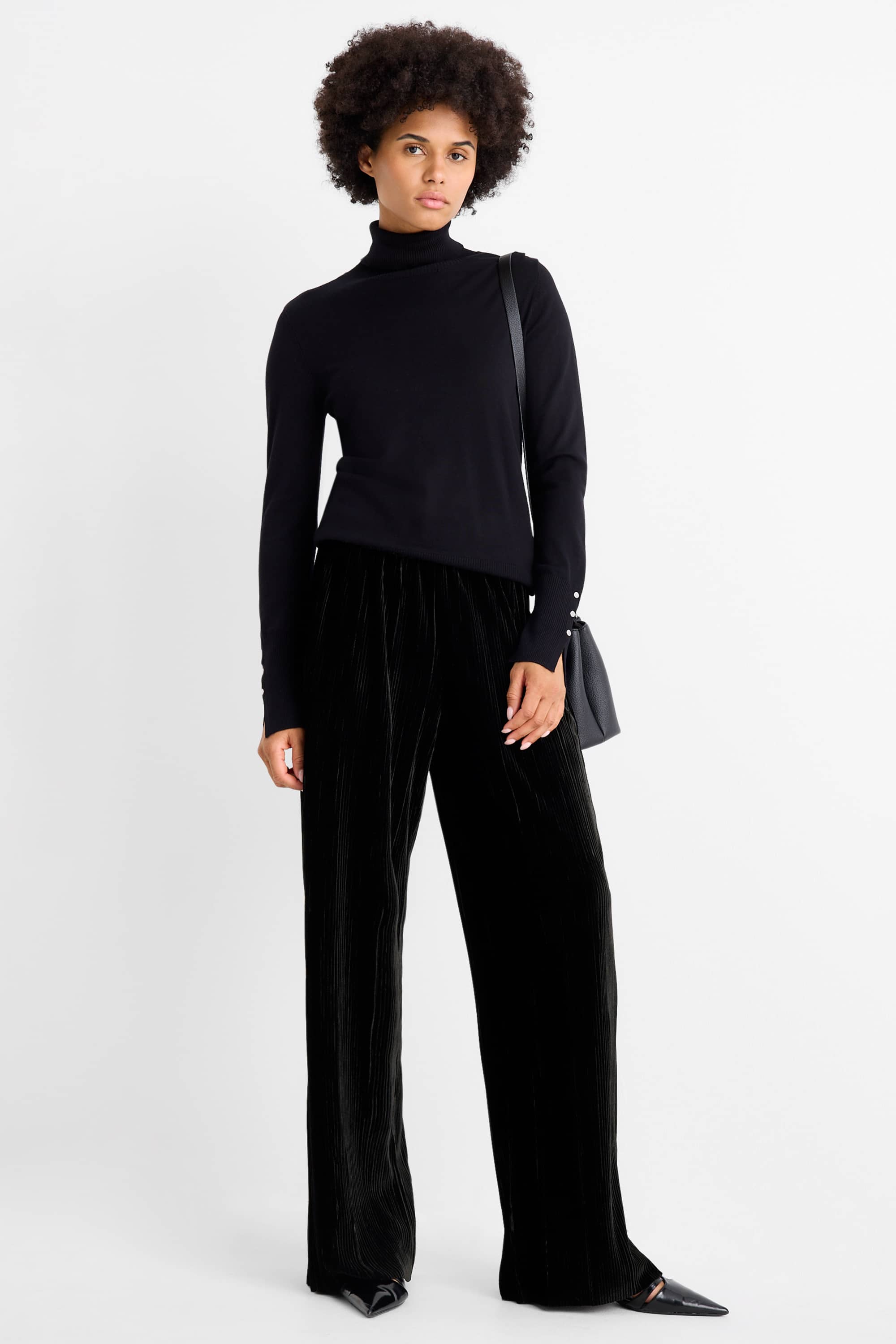 Plissé velvet trousers - high waist - wide leg black