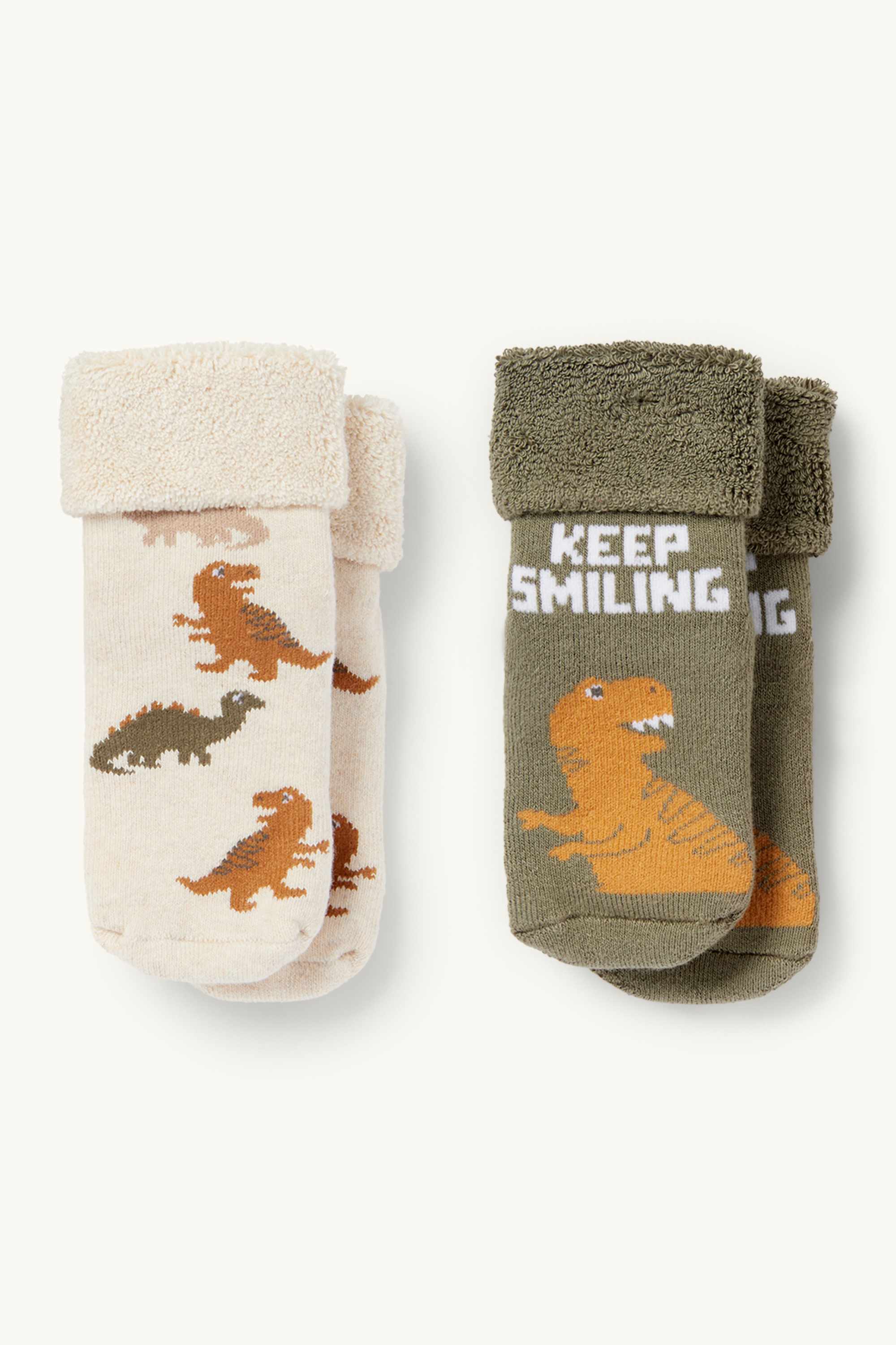 Multipack of 2 - dinosaur - non-slip baby socks with motif green / beige