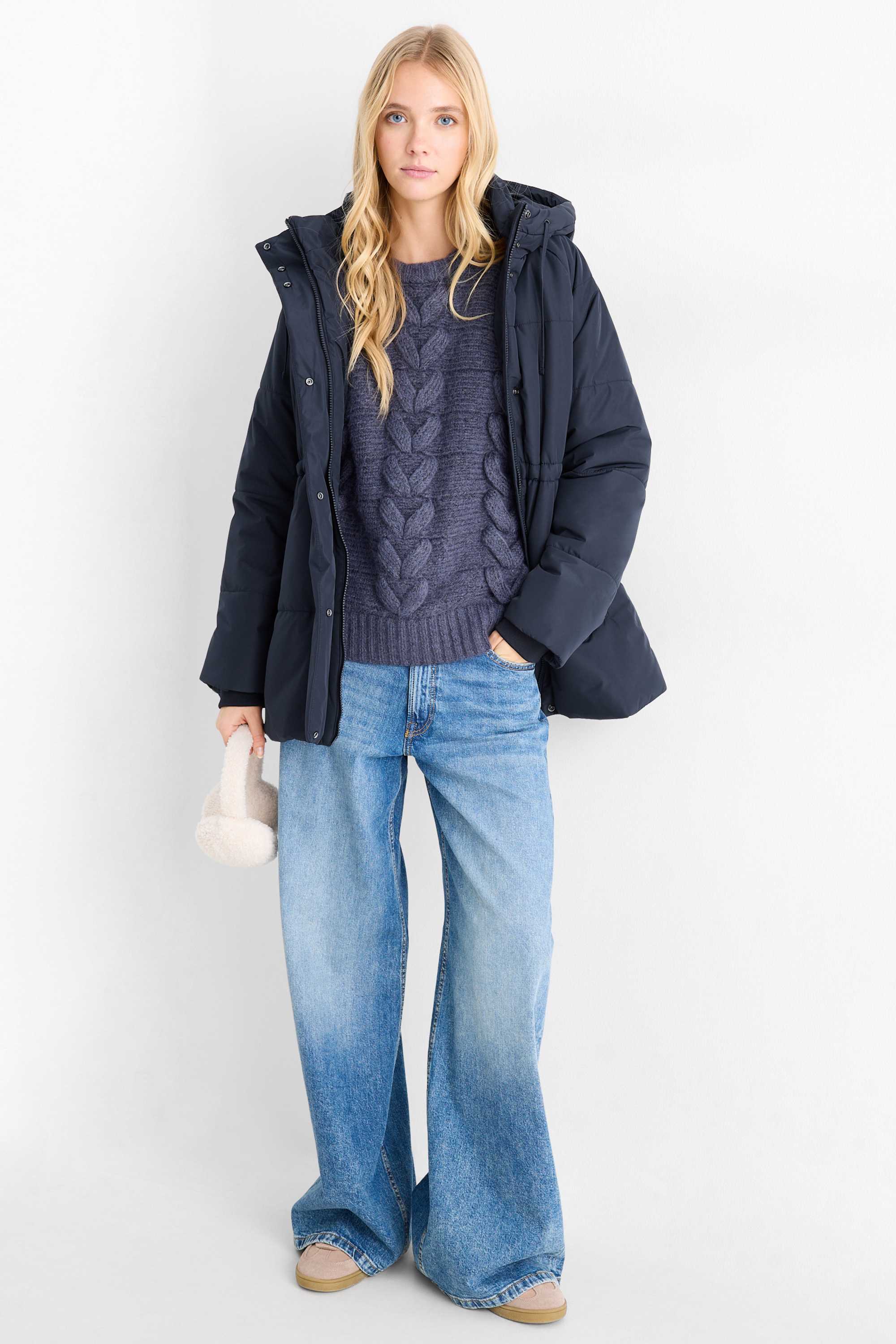 Quilted jacket with hood dark blue