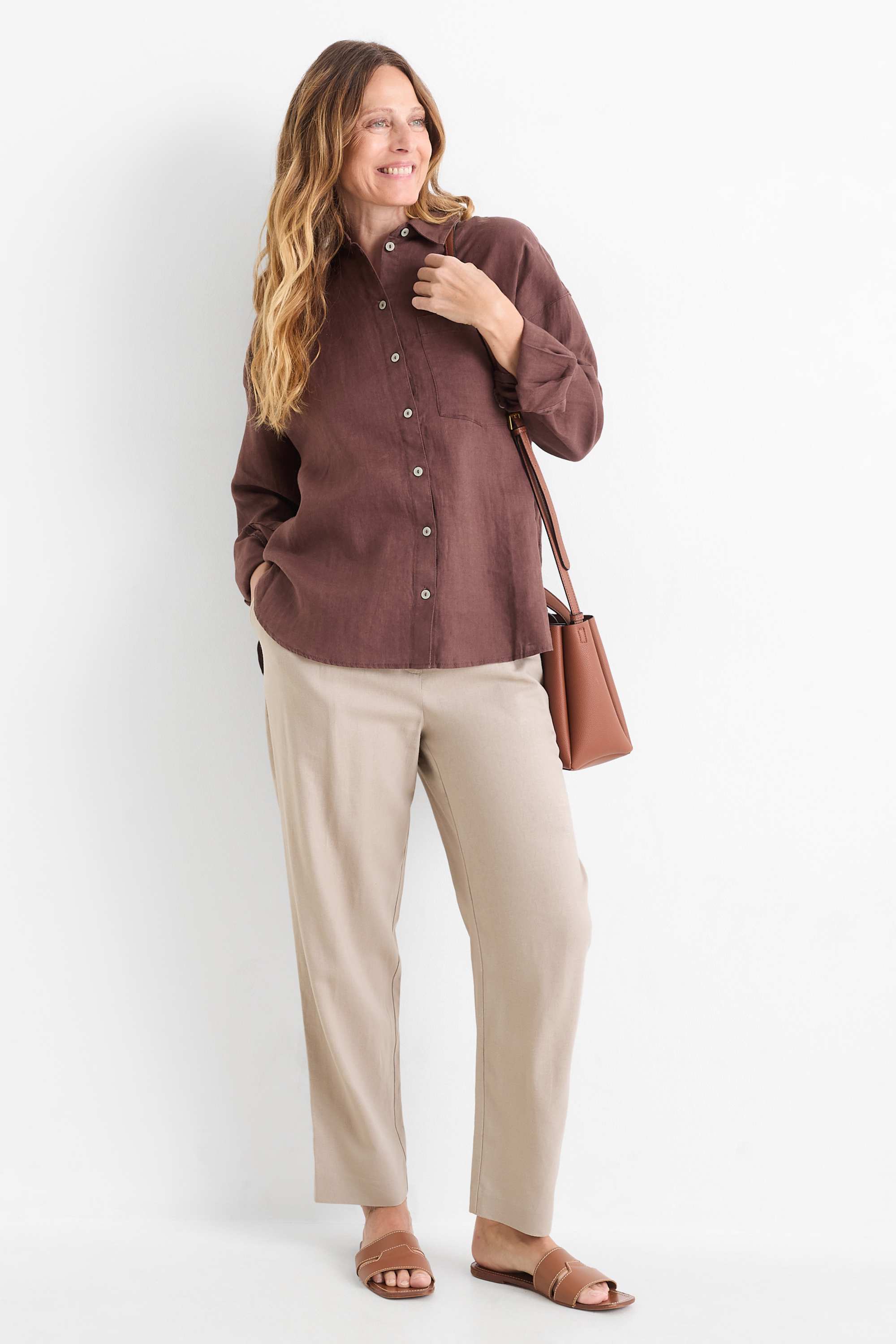Business trousers - mid-rise waist - regular fit - linen blend beige