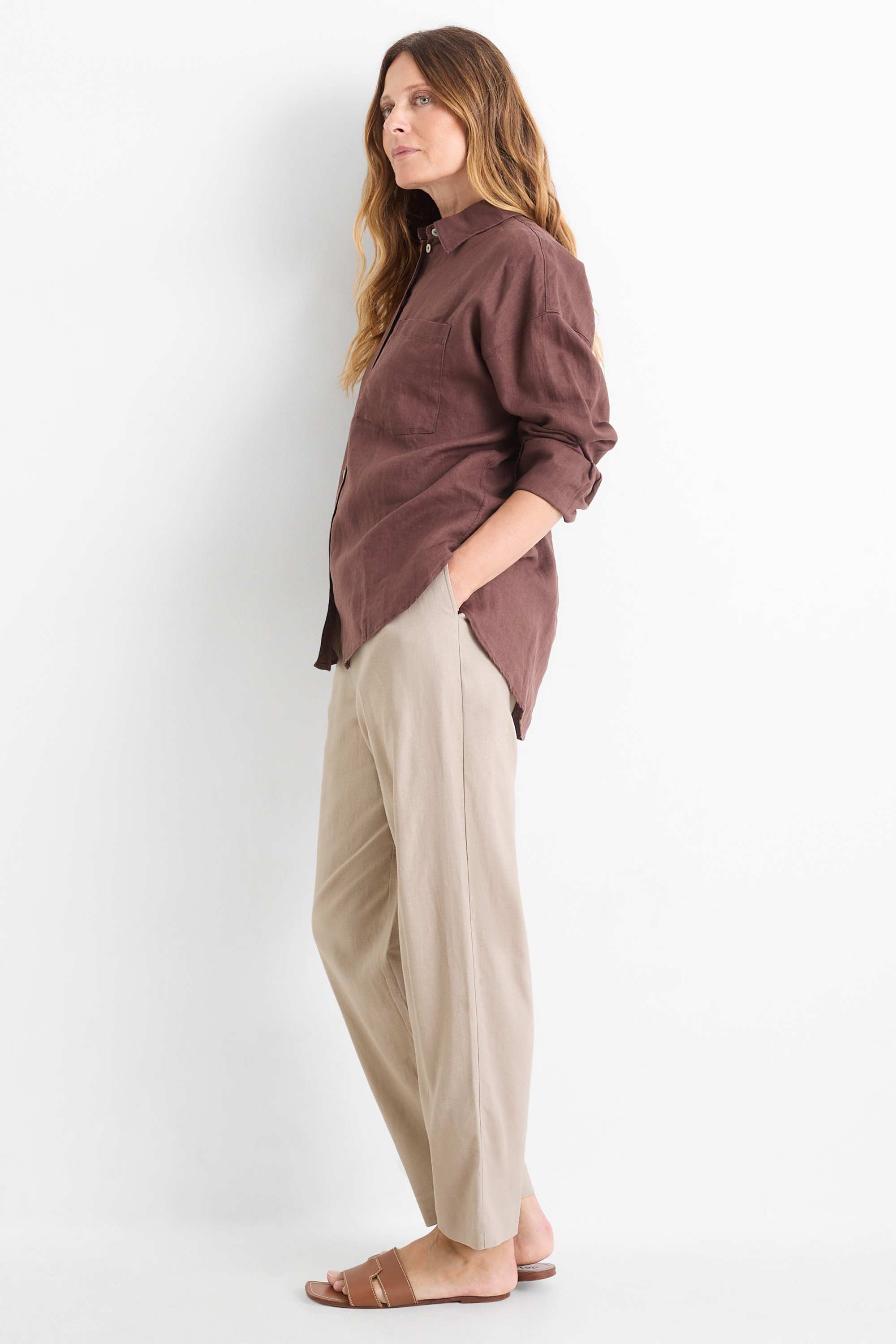 Business trousers - mid-rise waist - regular fit - linen blend beige