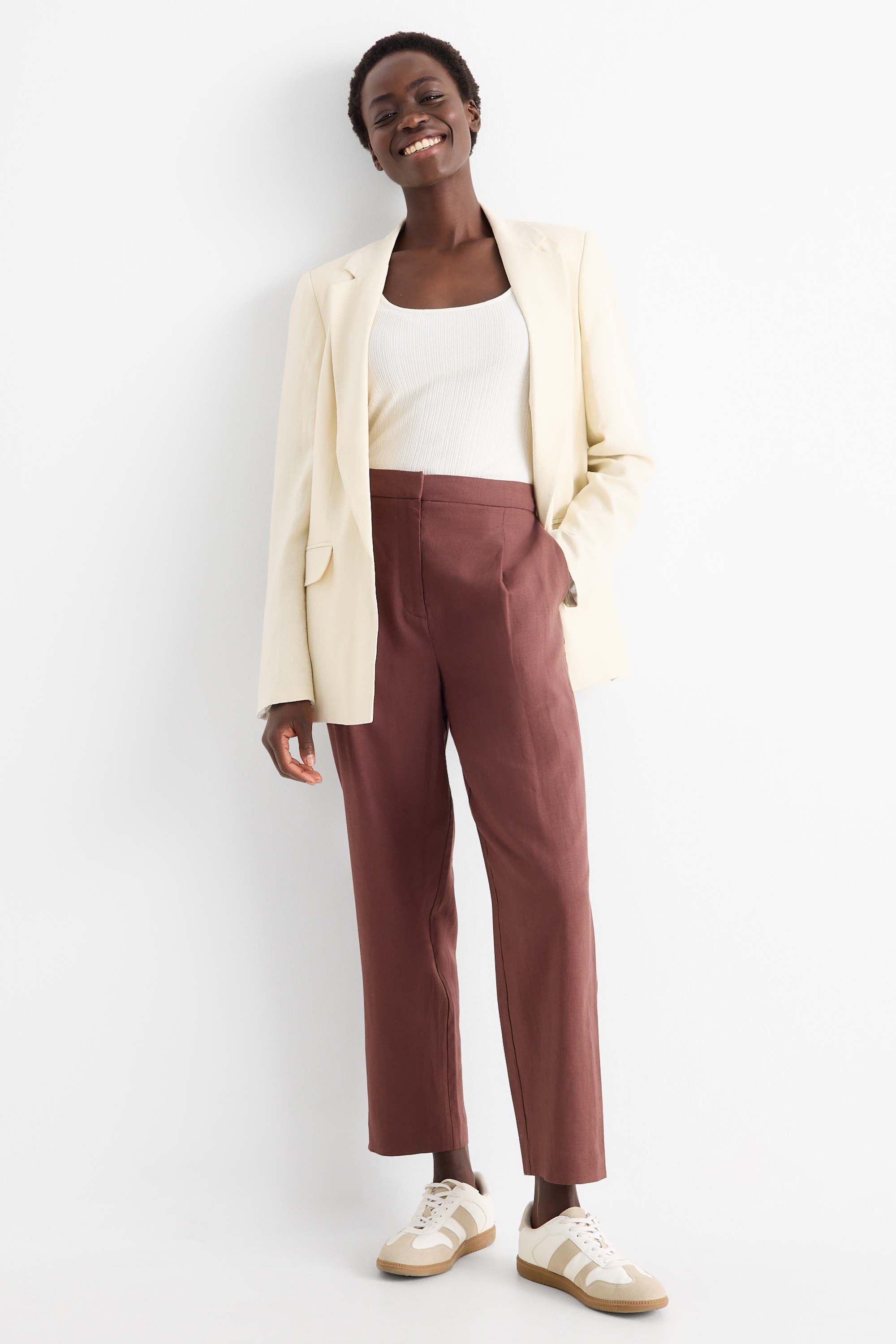 Business trousers - mid-rise waist - regular fit - linen blend brown