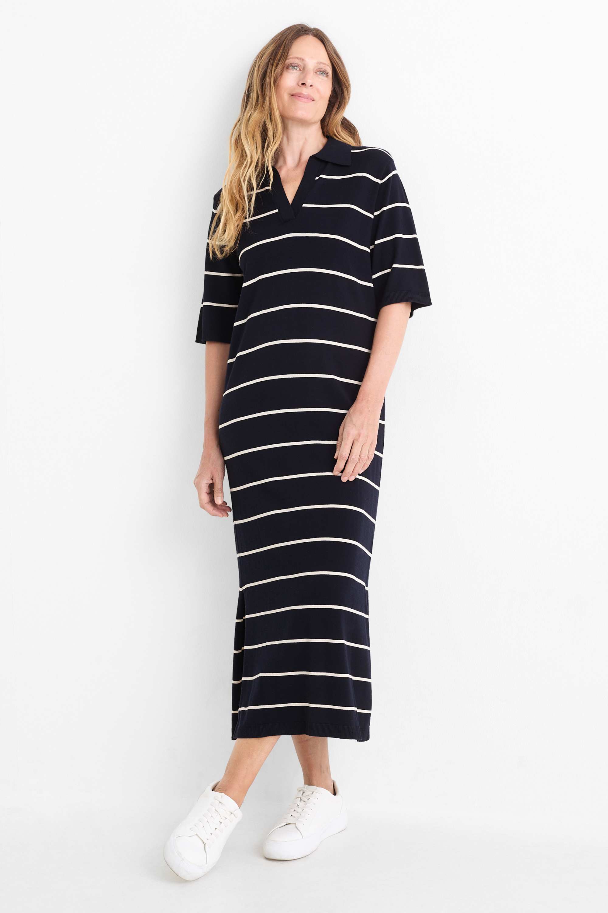 Knitted dress - straight fit - striped dark blue