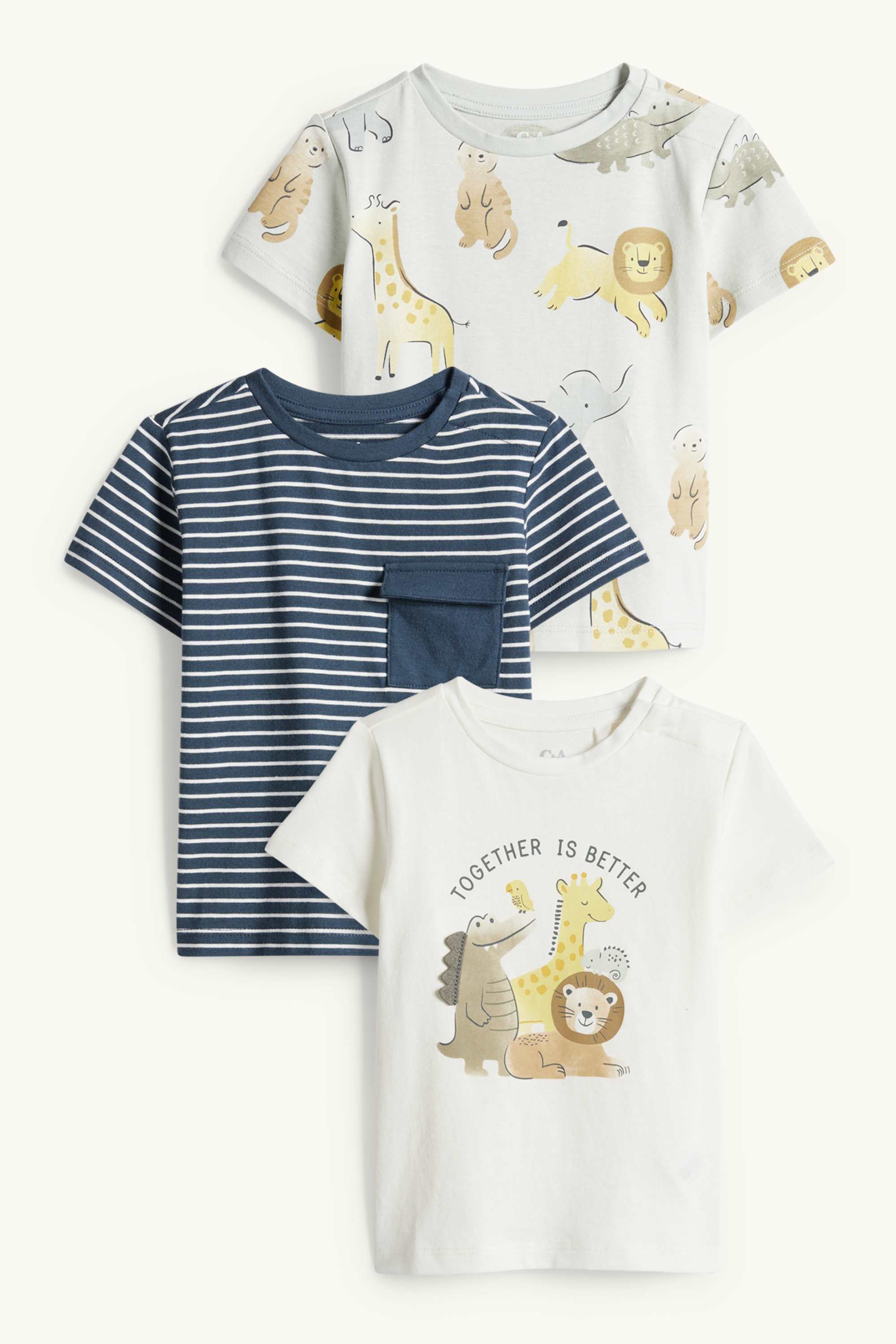 Multipack of 3 - wild animals - short sleeve T-shirt dark blue / creme white