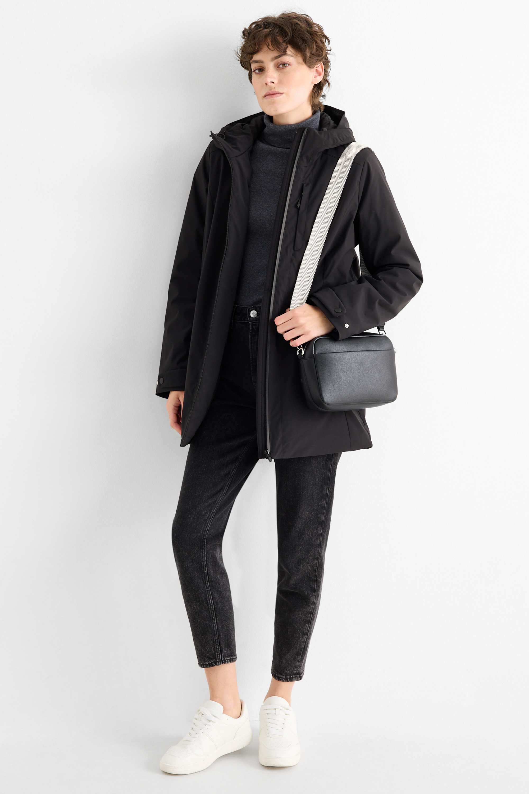 Jacket with hood - lined - water-repellent black