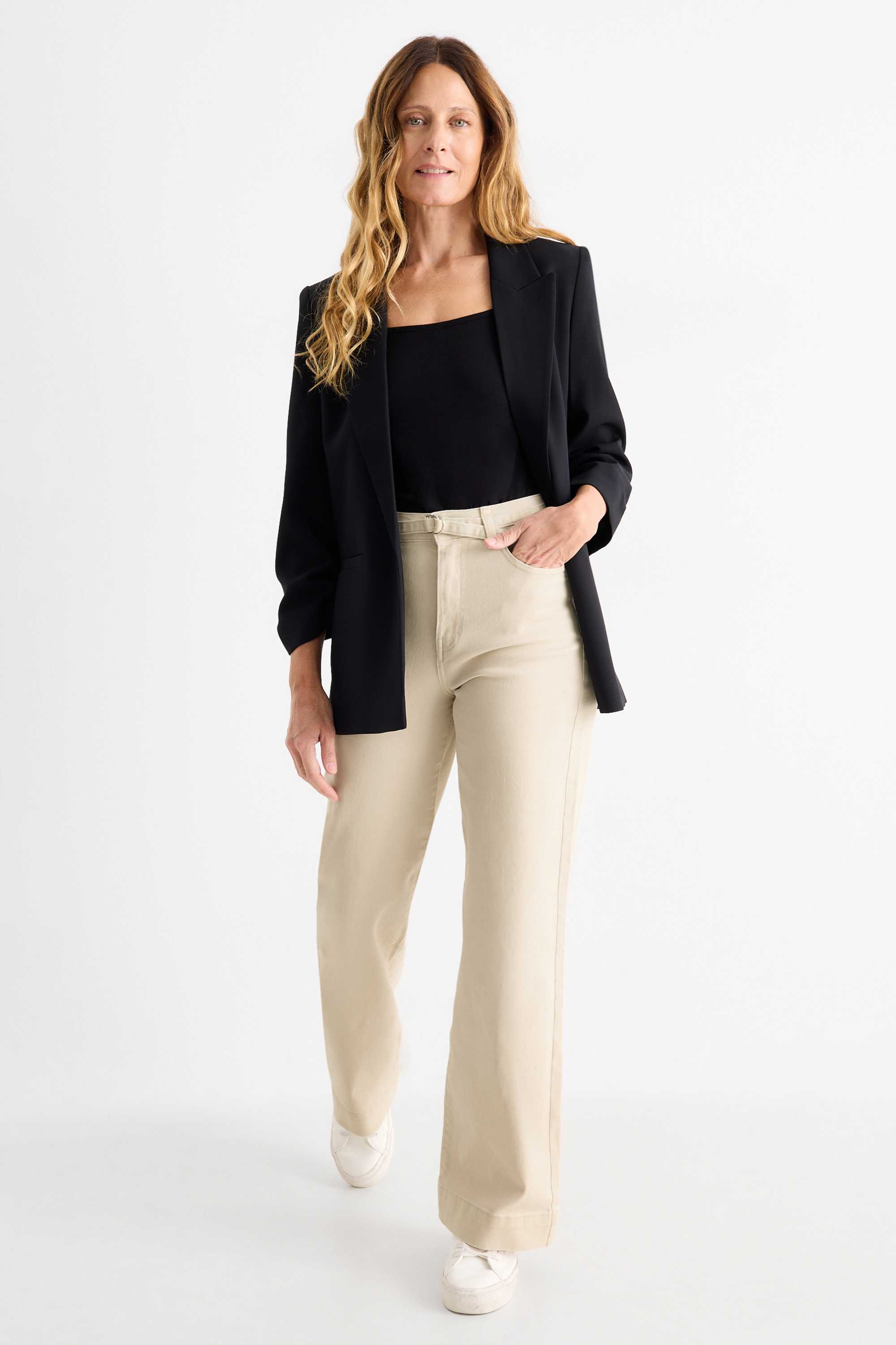 Cloth trousers with belt - high-rise waist - wide leg light beige