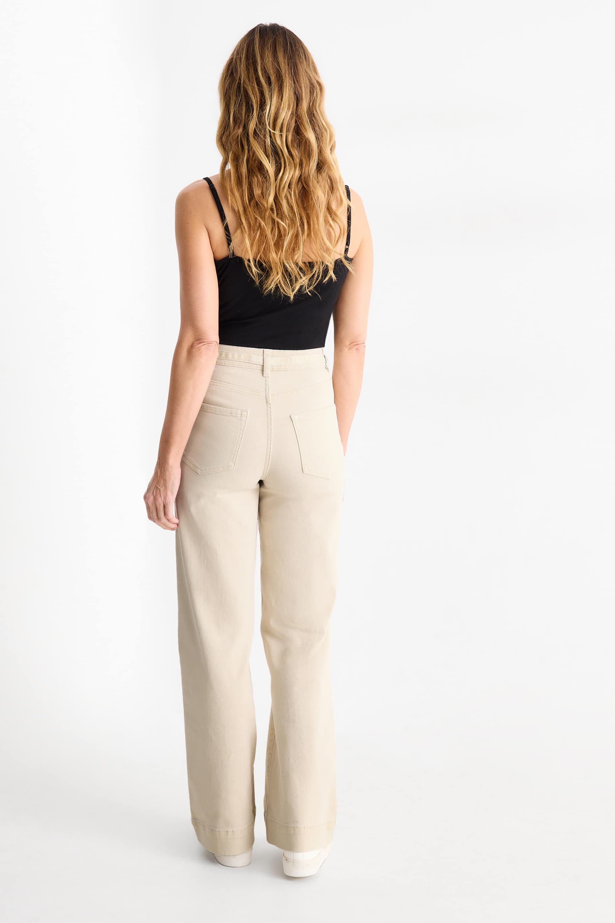 Cloth trousers with belt - high-rise waist - wide leg light beige