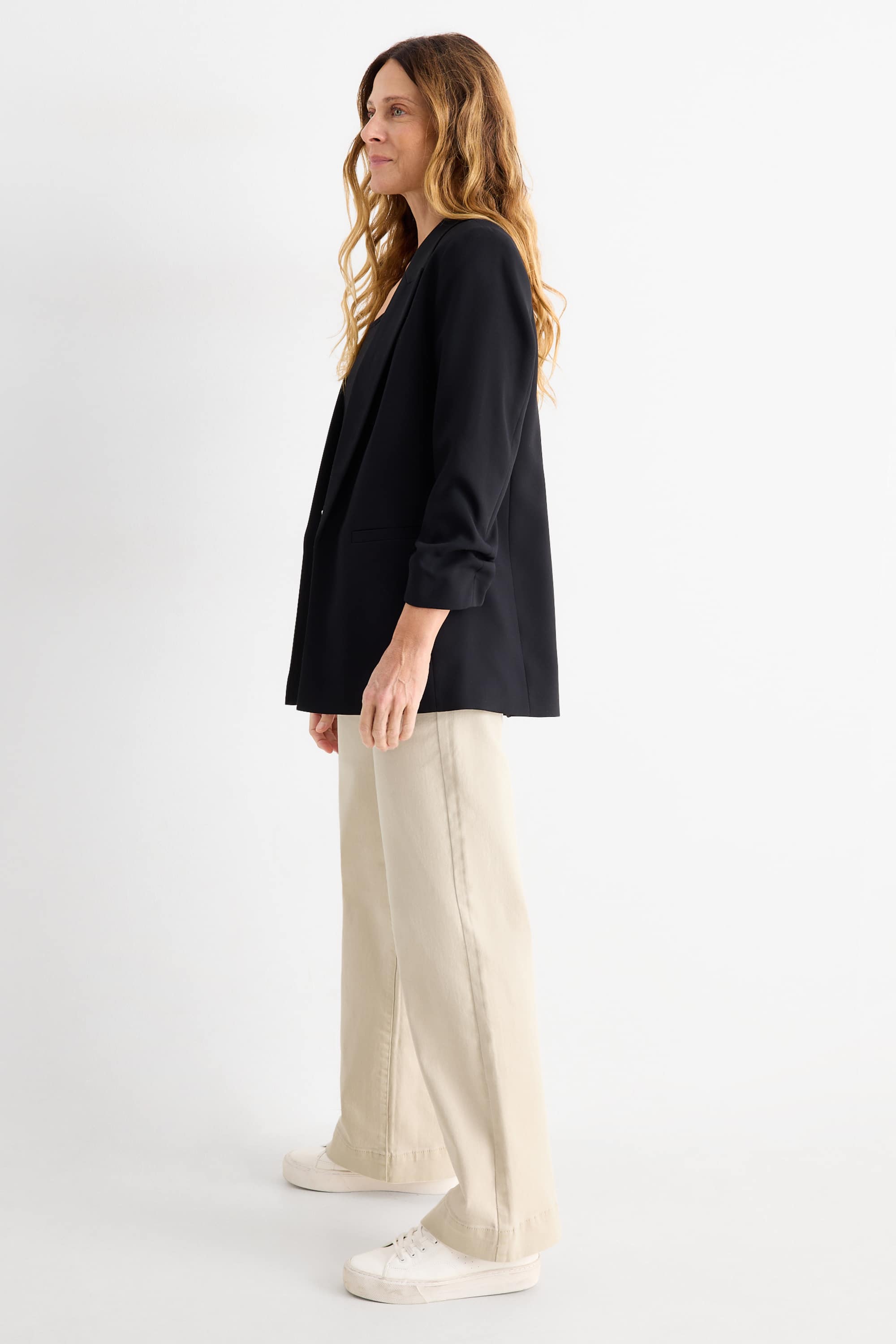 Cloth trousers with belt - high-rise waist - wide leg light beige