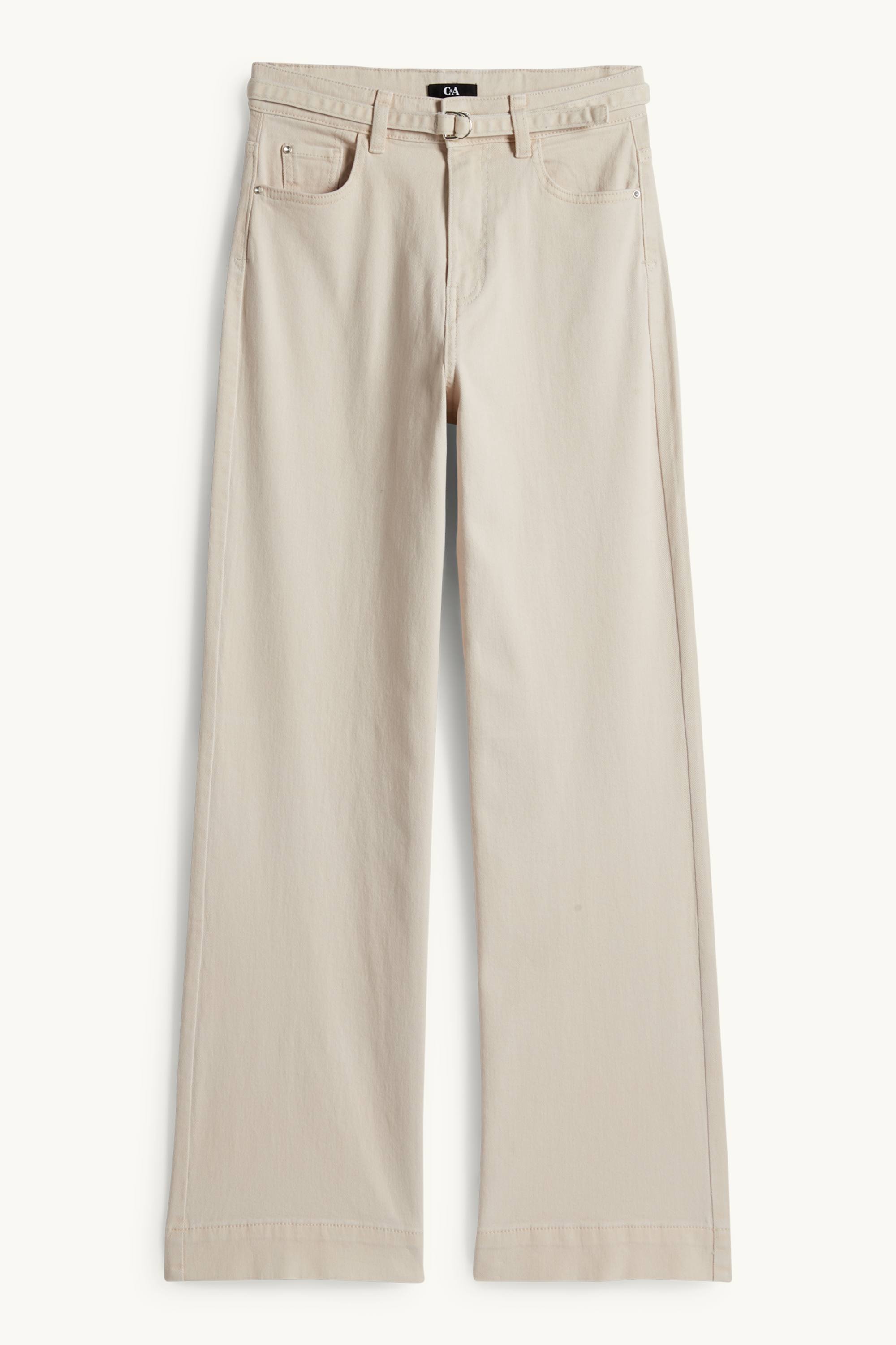 Cloth trousers with belt - high-rise waist - wide leg light beige