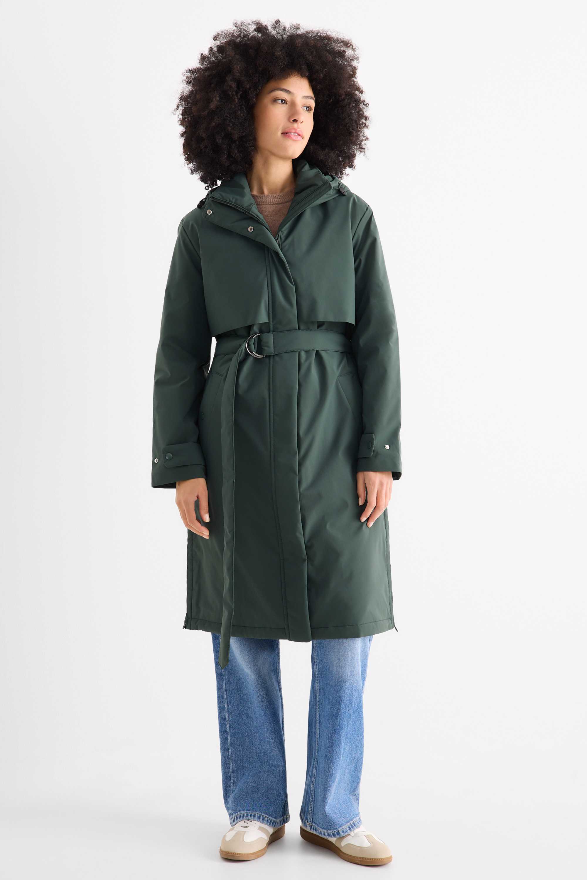 Coat with hood and belt - lined - water-repellent dark green