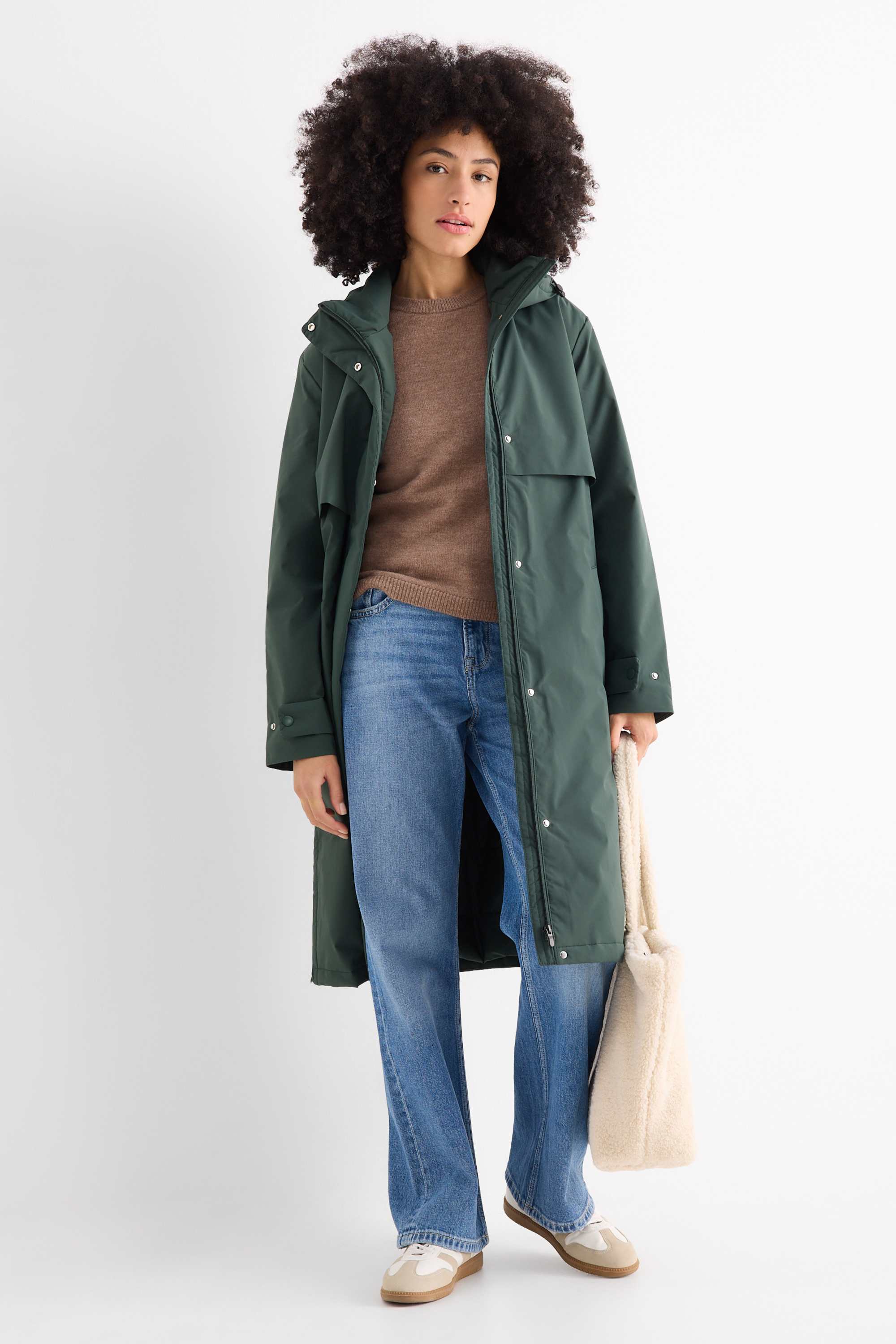 Coat with hood and belt - lined - water-repellent dark green