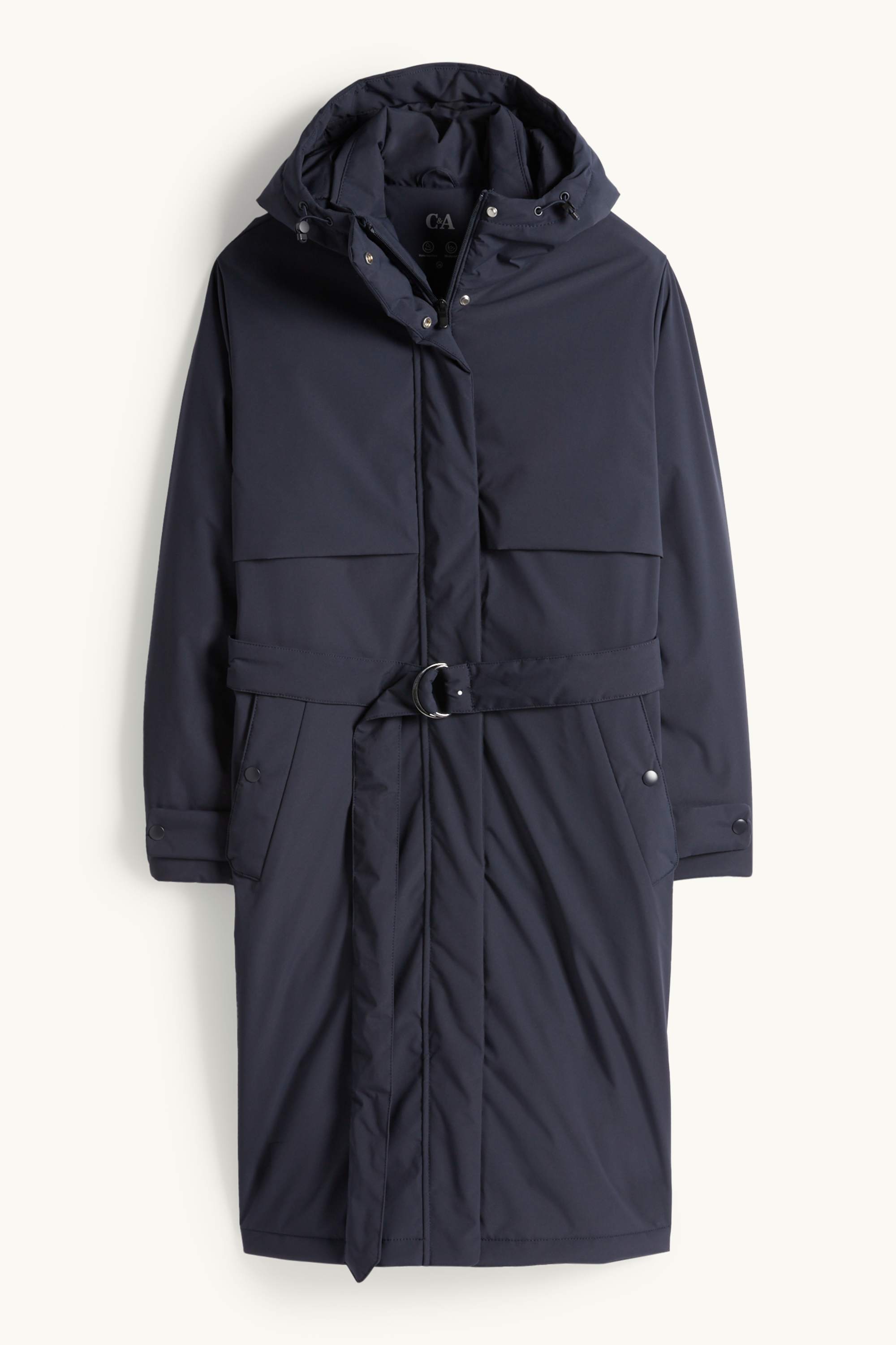Coat with hood and belt - lined - water-repellent dark blue