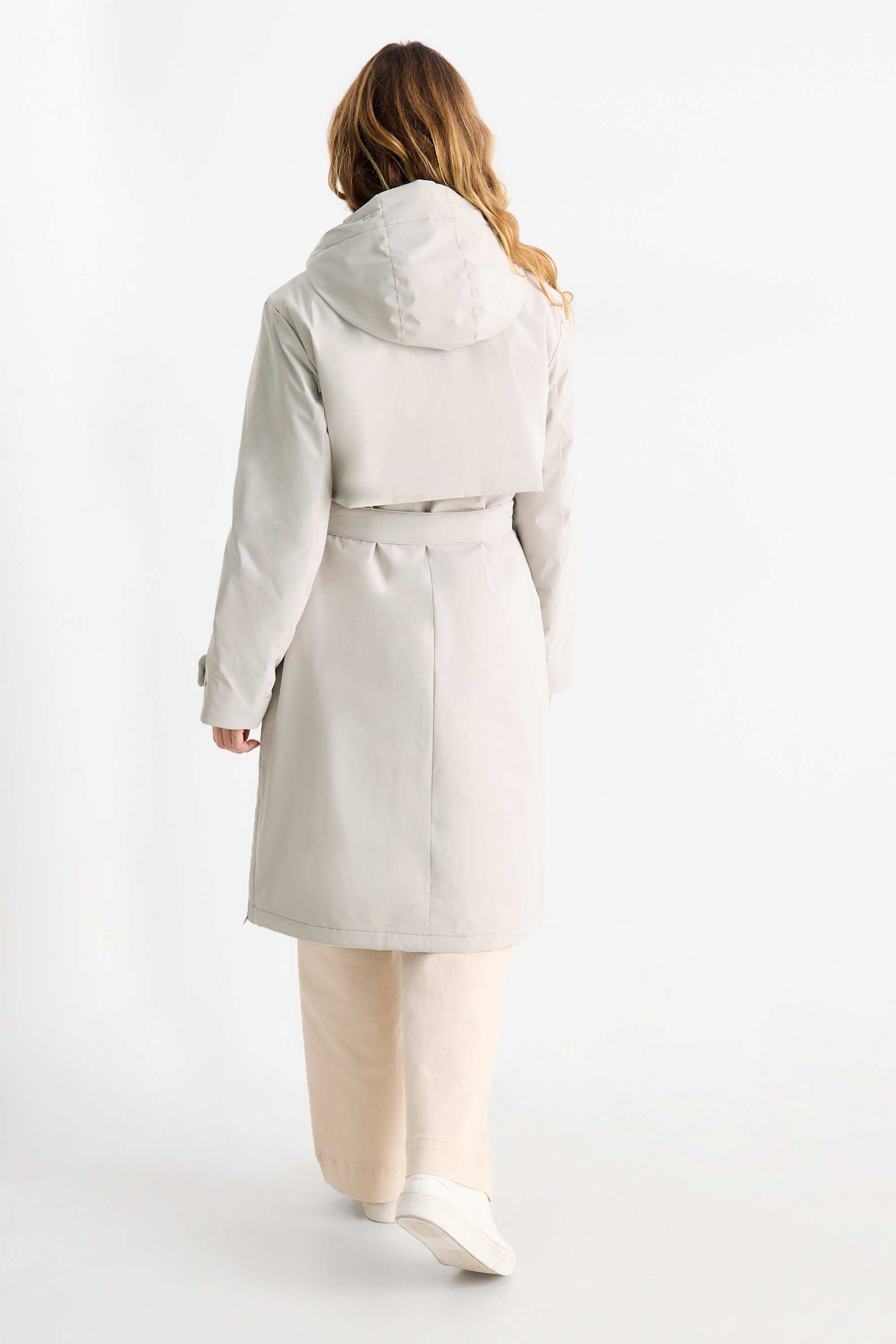 Coat with hood and belt - lined - water-repellent light gray