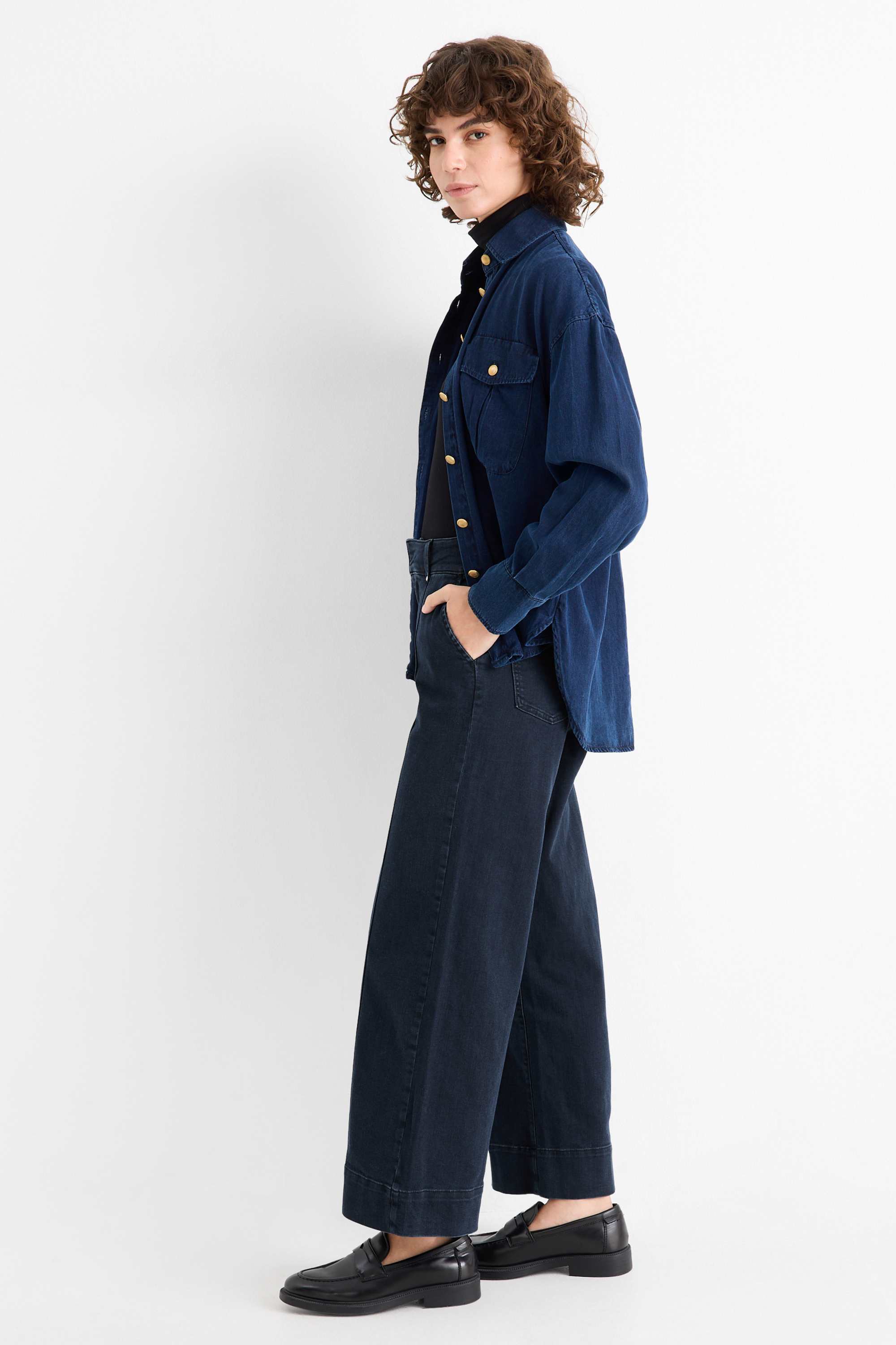 Wide leg jeans - high waist denim-dark blue