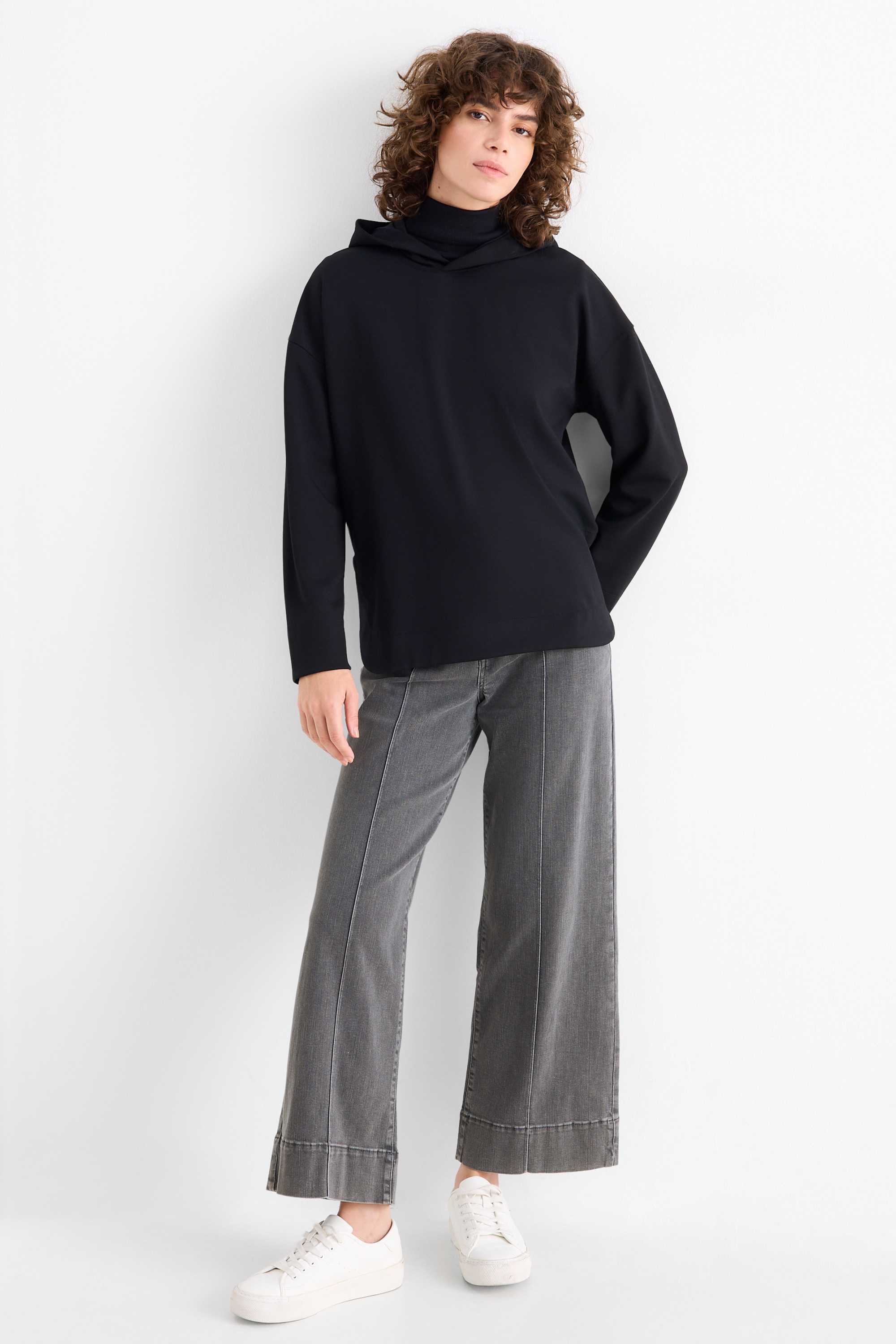 Wide leg jeans - high waist denim-light gray