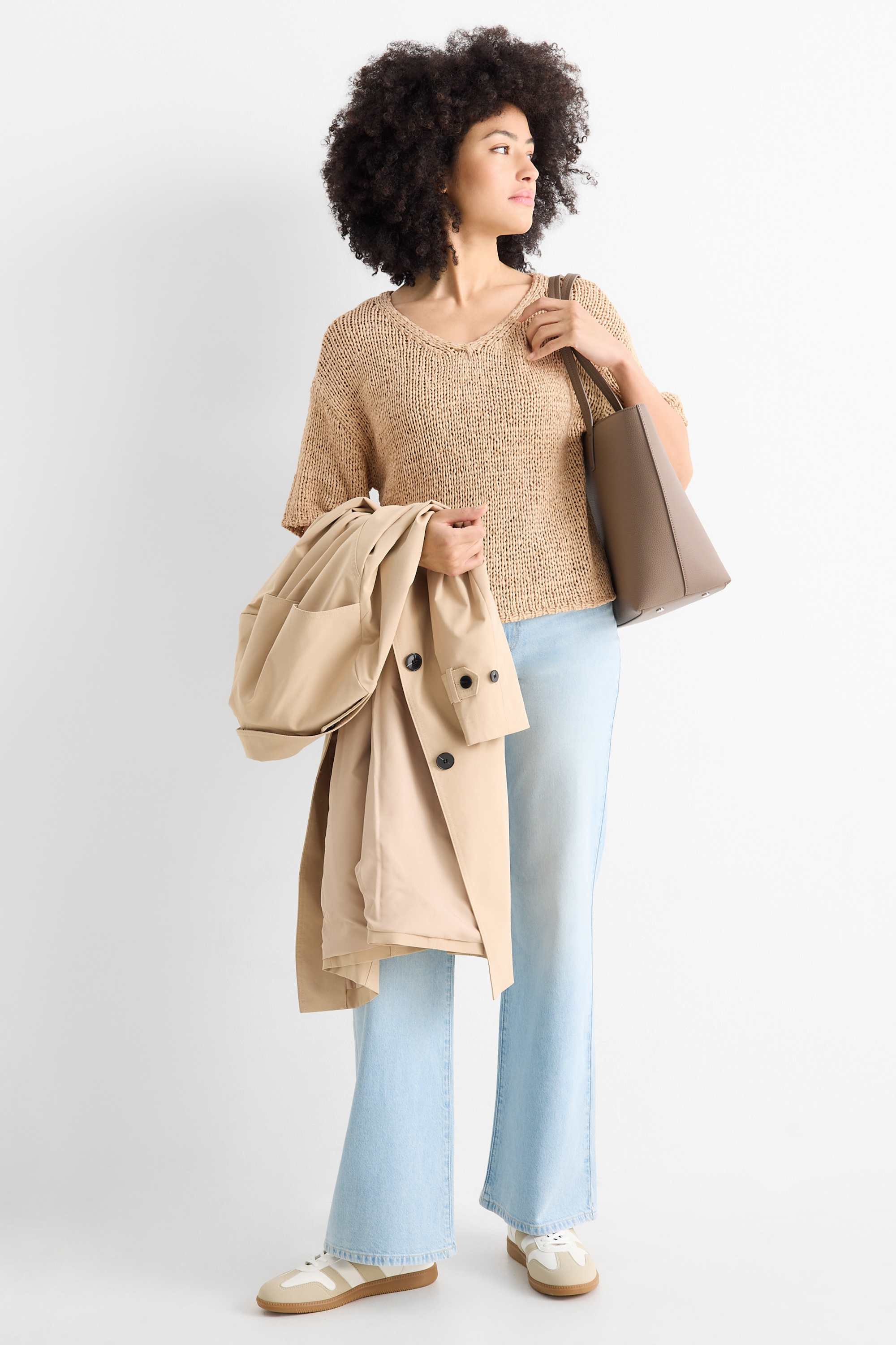 Knitted jumper - short sleeve beige