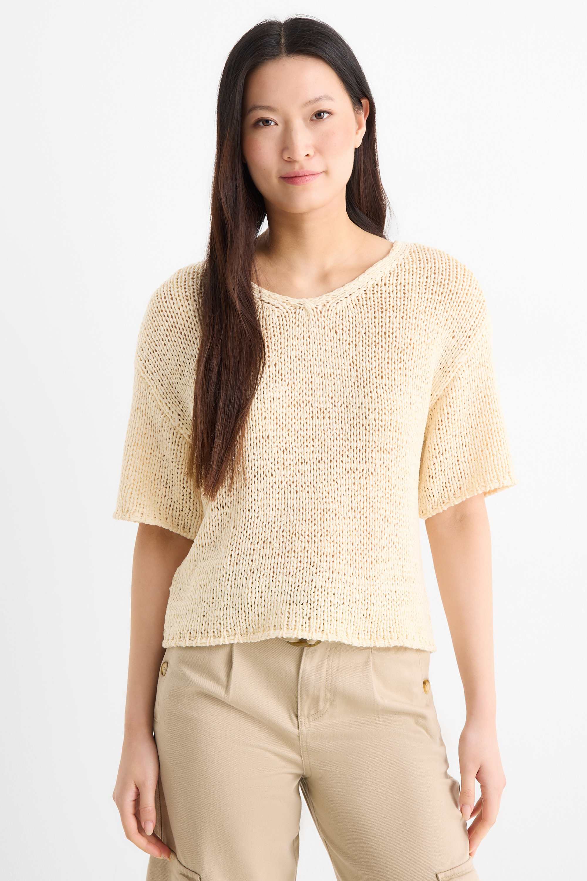 Knitted jumper - short sleeve light beige