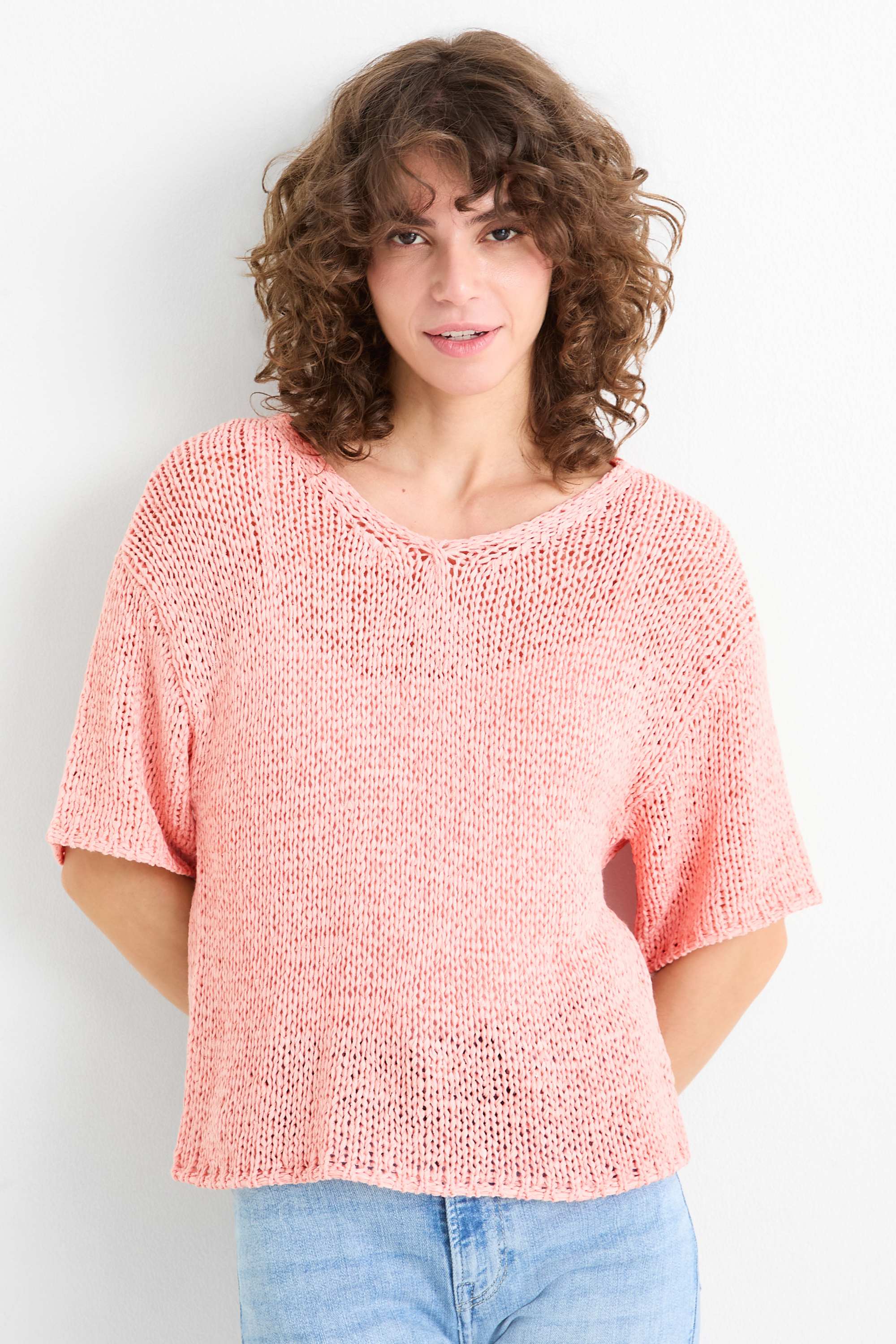Knitted jumper - short sleeve pink