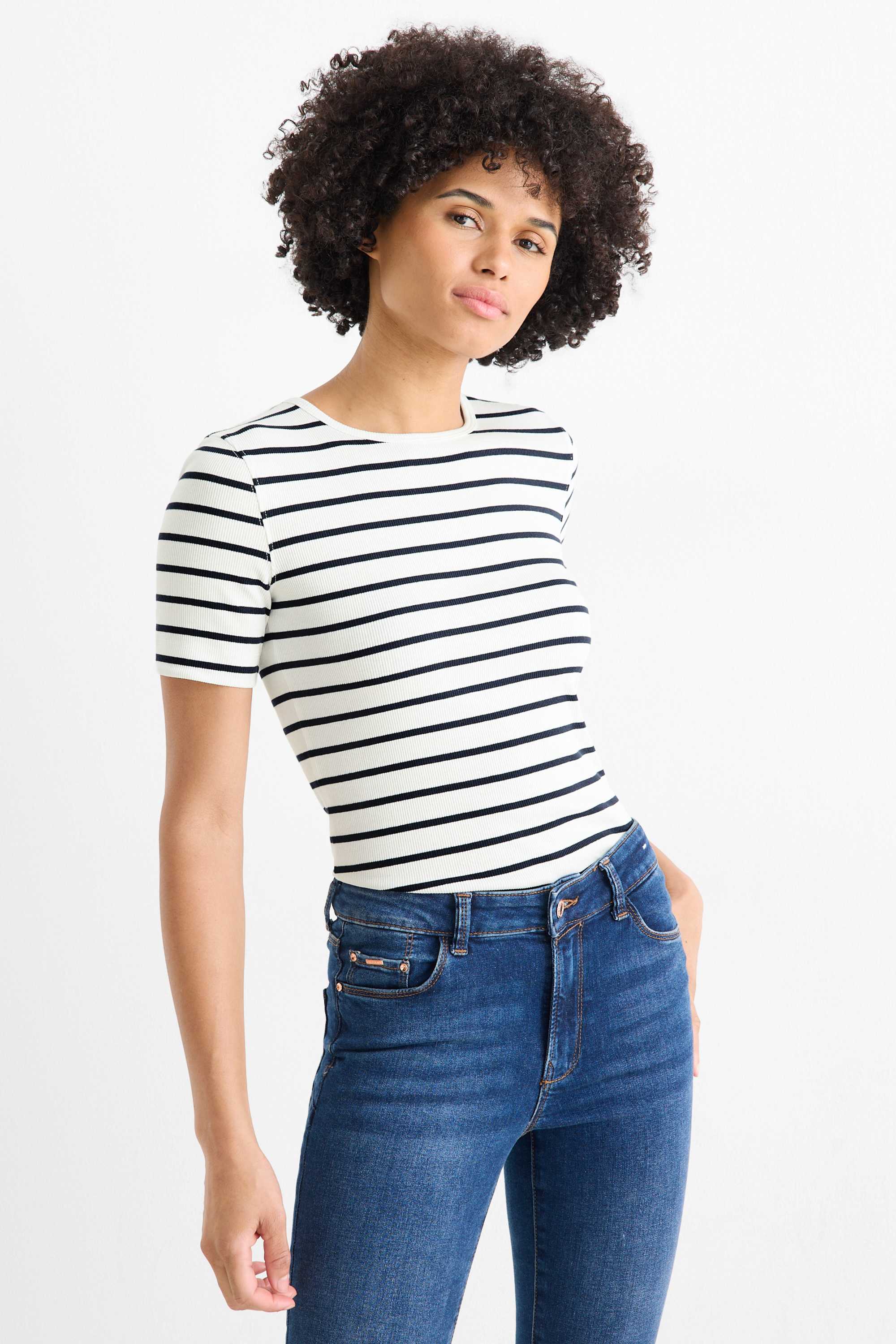 T-shirt - slim fit - ribbed - striped white / black