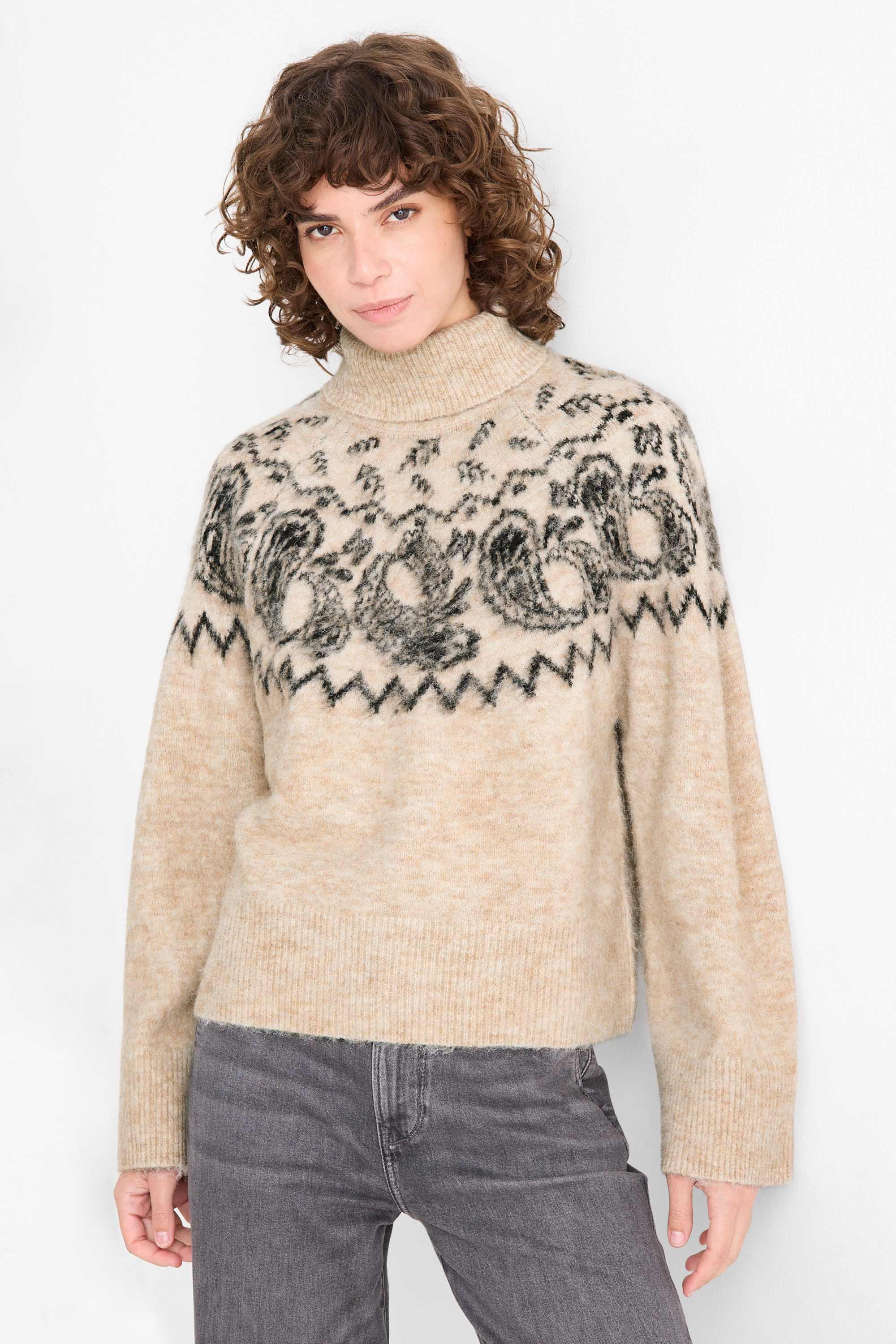 Turtleneck jumper - patterned black / beige