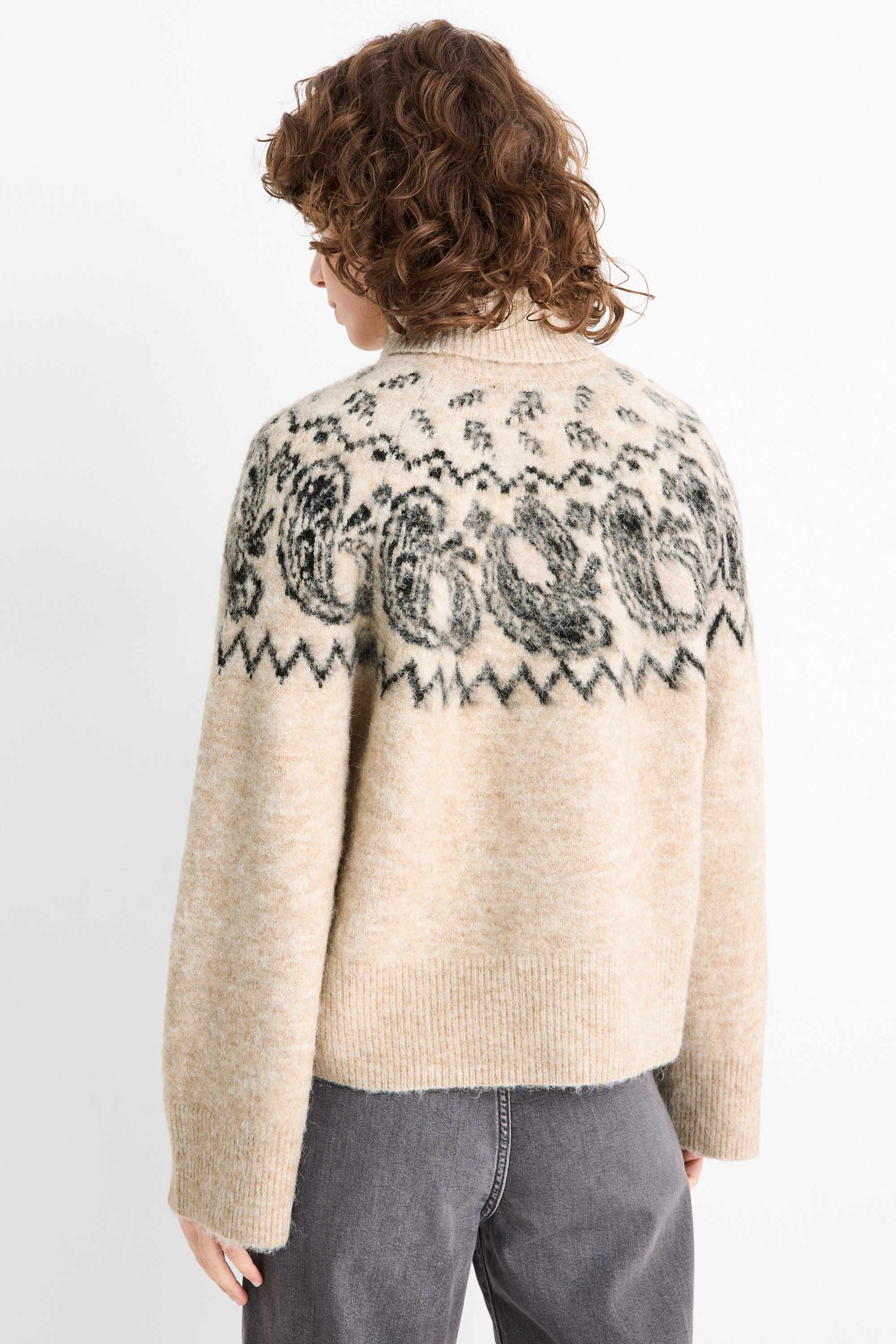 Turtleneck jumper - patterned black / beige