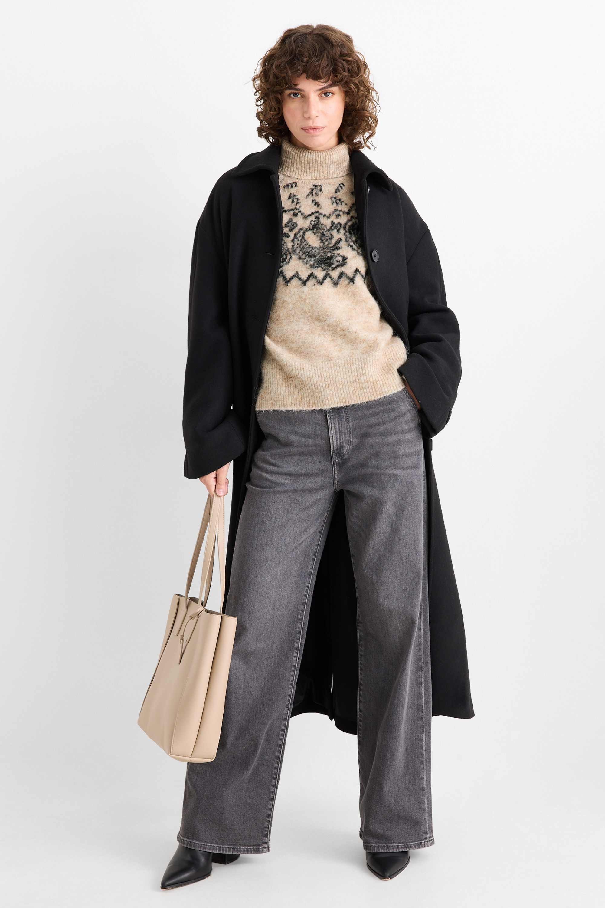 Turtleneck jumper - patterned black / beige
