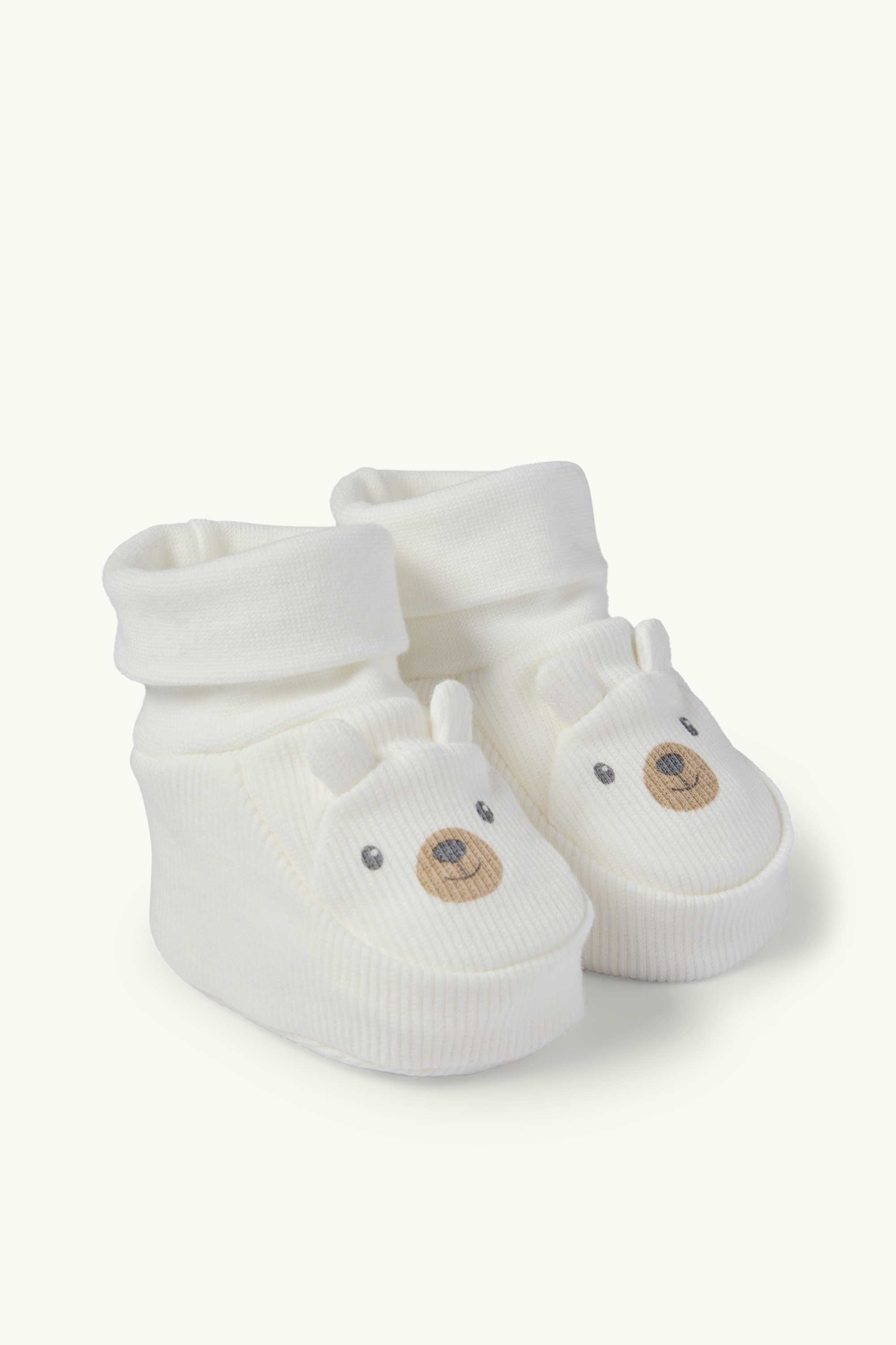 Teddy bear - baby booties - ribbed white