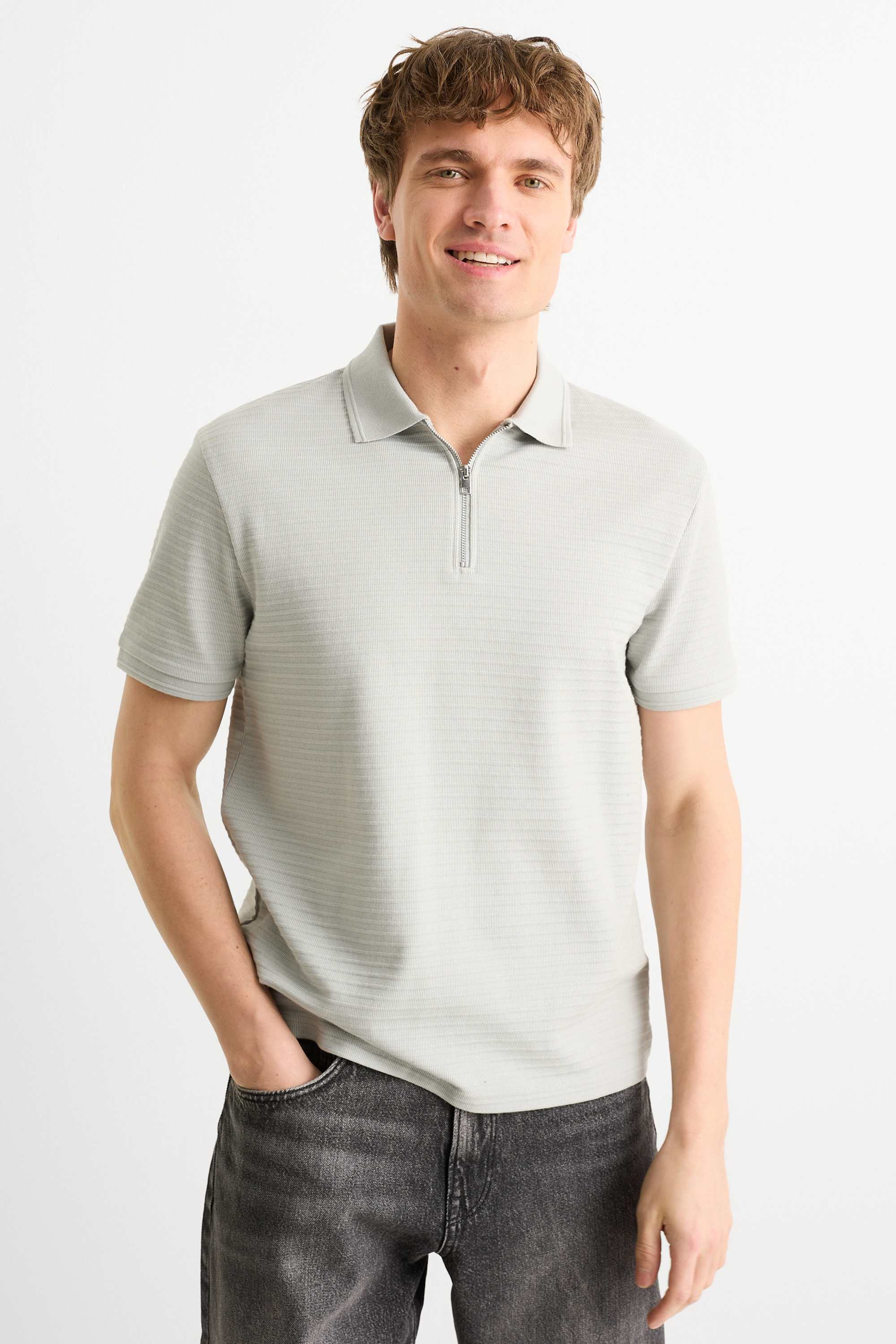 Polo shirt - regular fit - ribbed gray