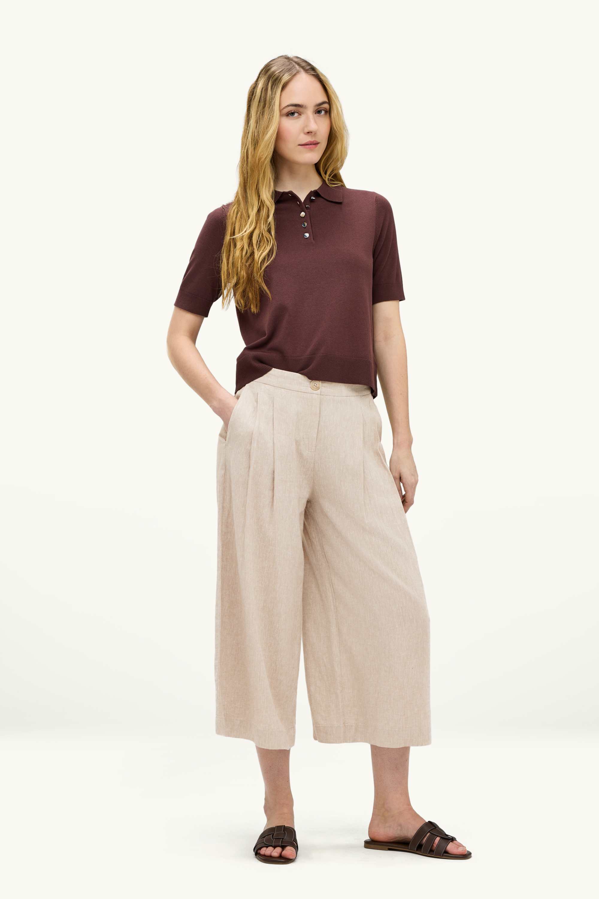 Cloth trousers - mid-rise waist - wide leg - linen blend beige