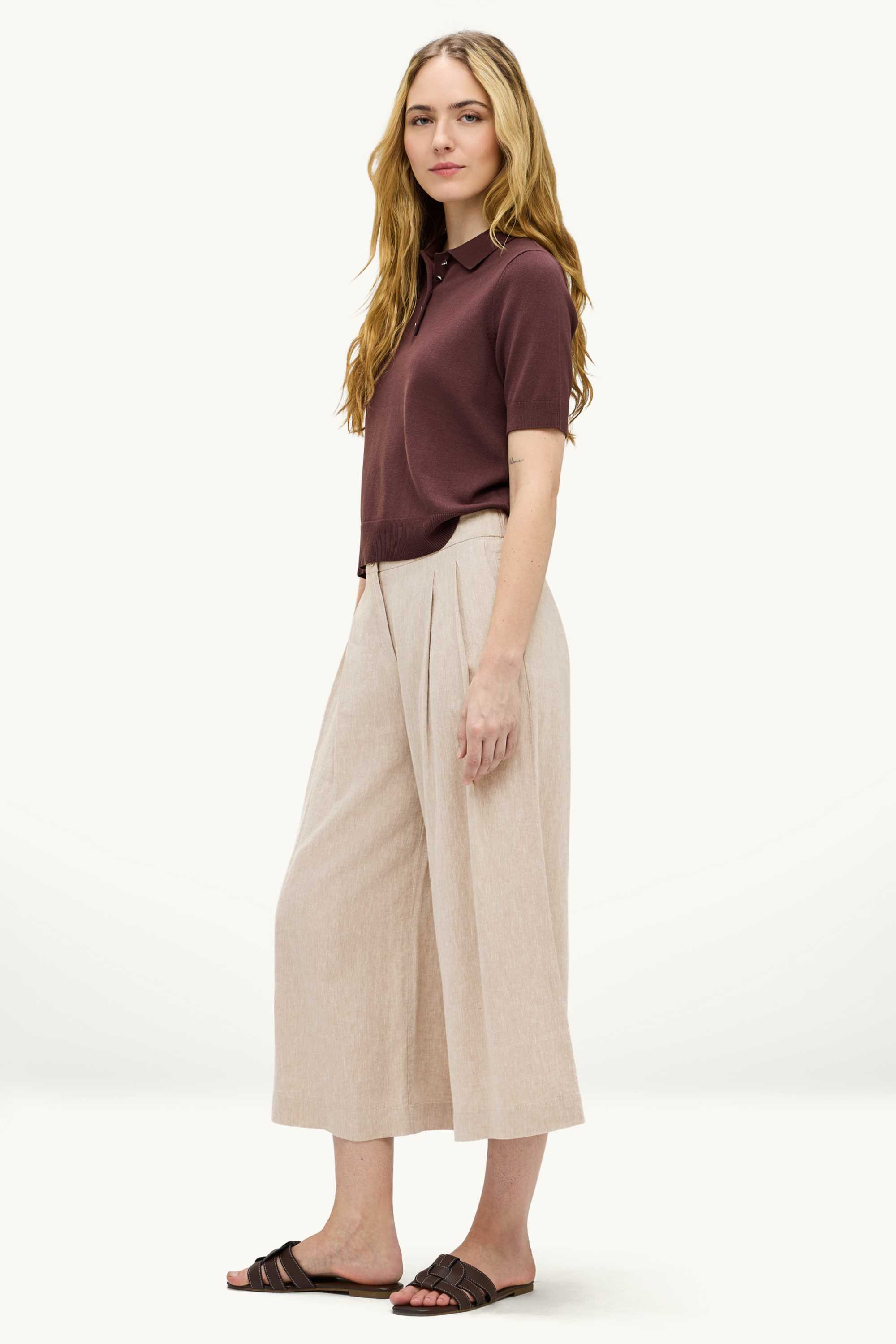 Cloth trousers - mid-rise waist - wide leg - linen blend beige