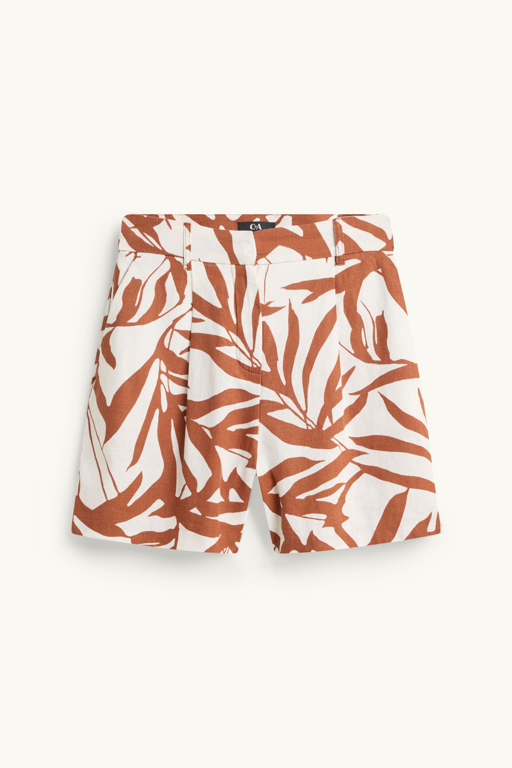 Shorts - mid-rise waist - linen blend - patterned brown / cremewhite