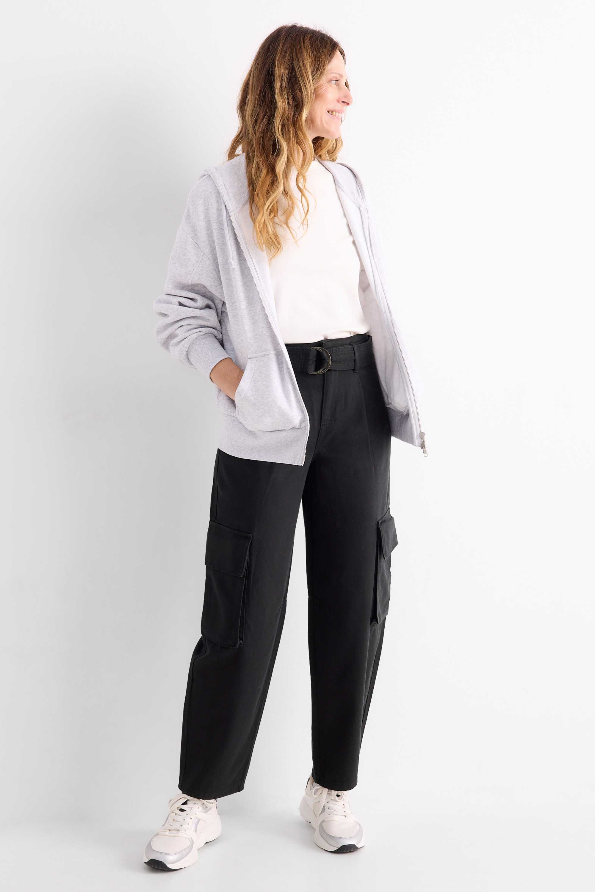 Cargo trousers with belt - high-rise waist - tapered fit black