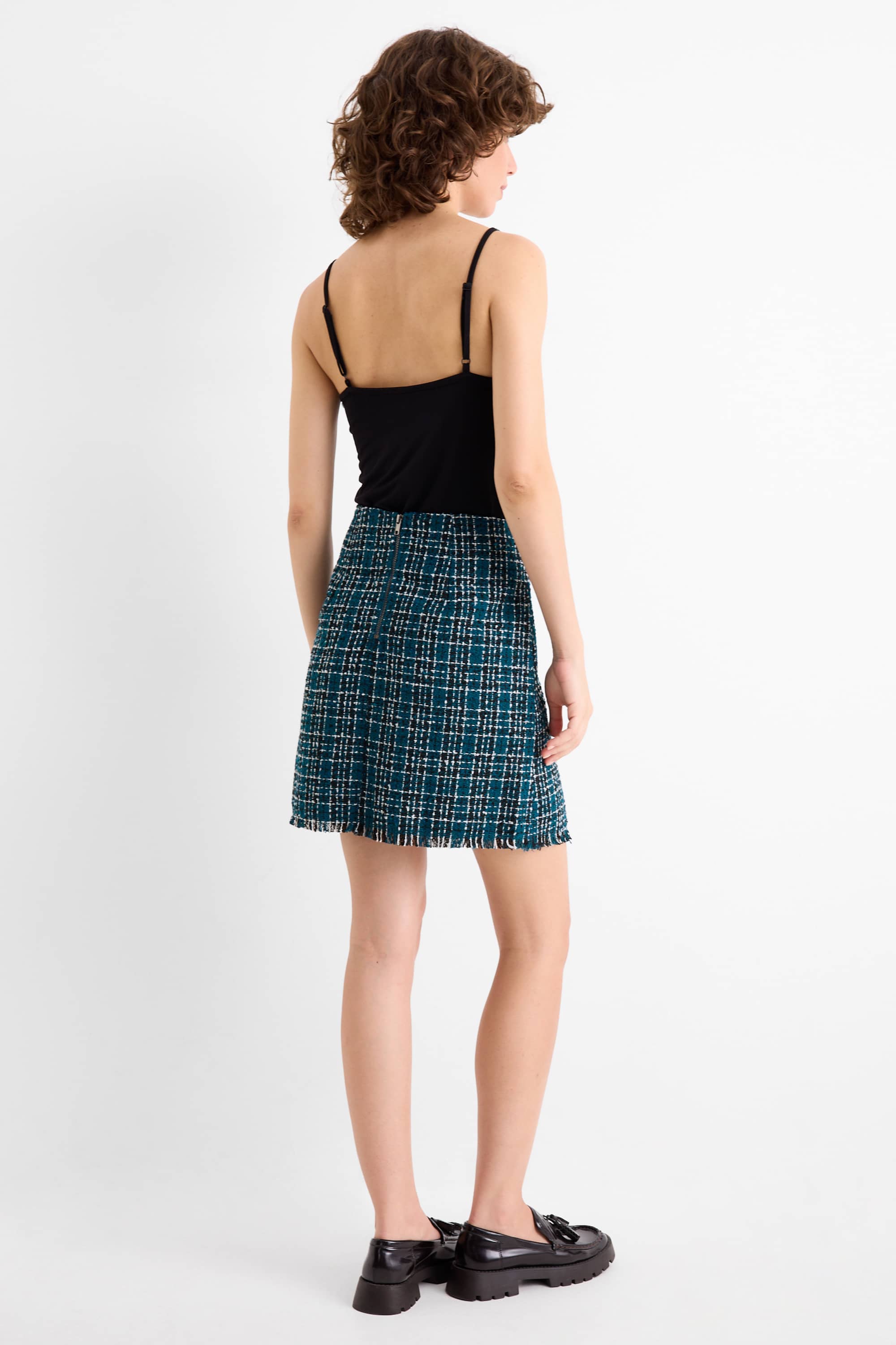 Bouclé miniskirt - check dark green