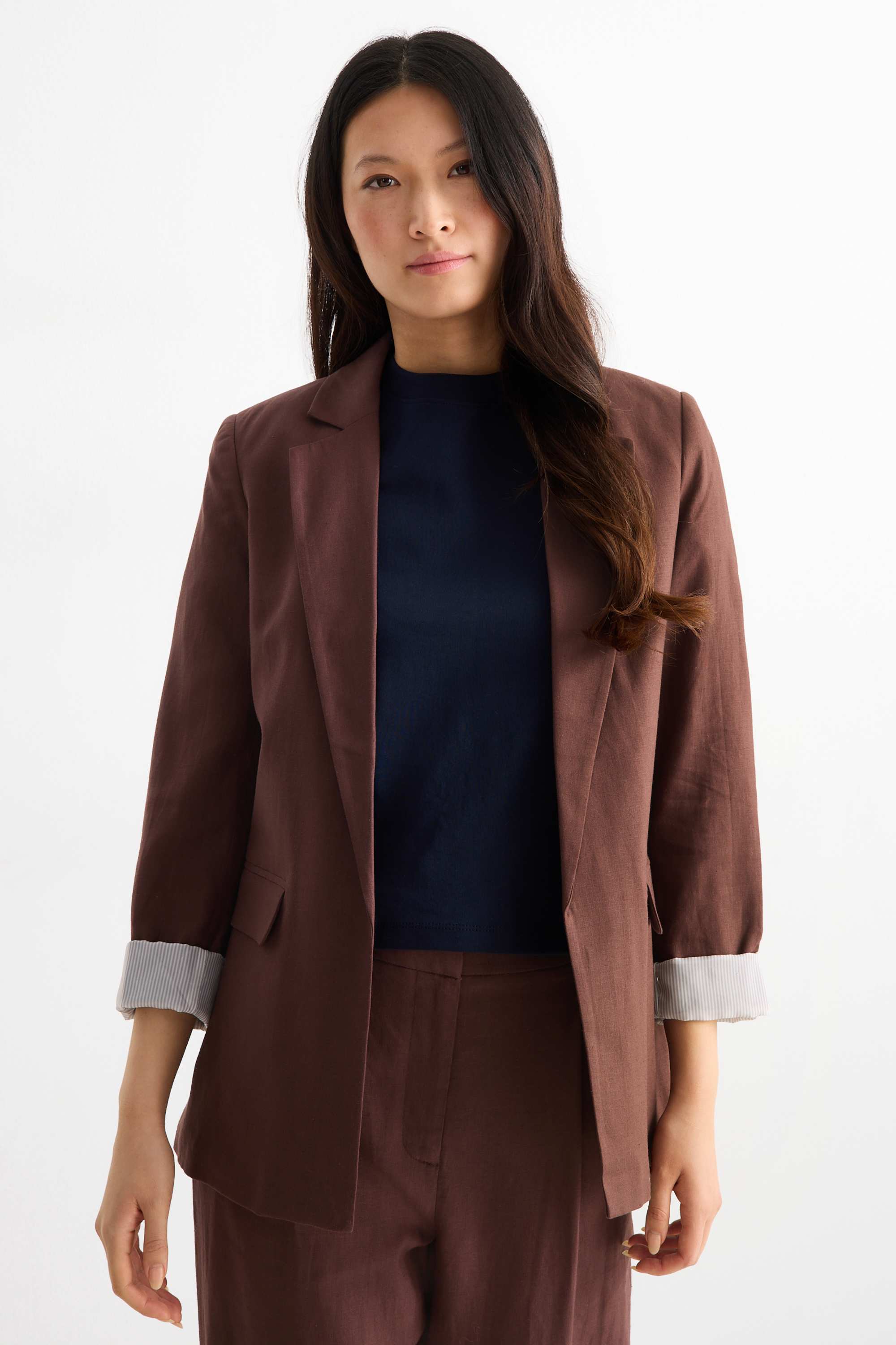 Long blazer - regular fit - linen blend dark brown