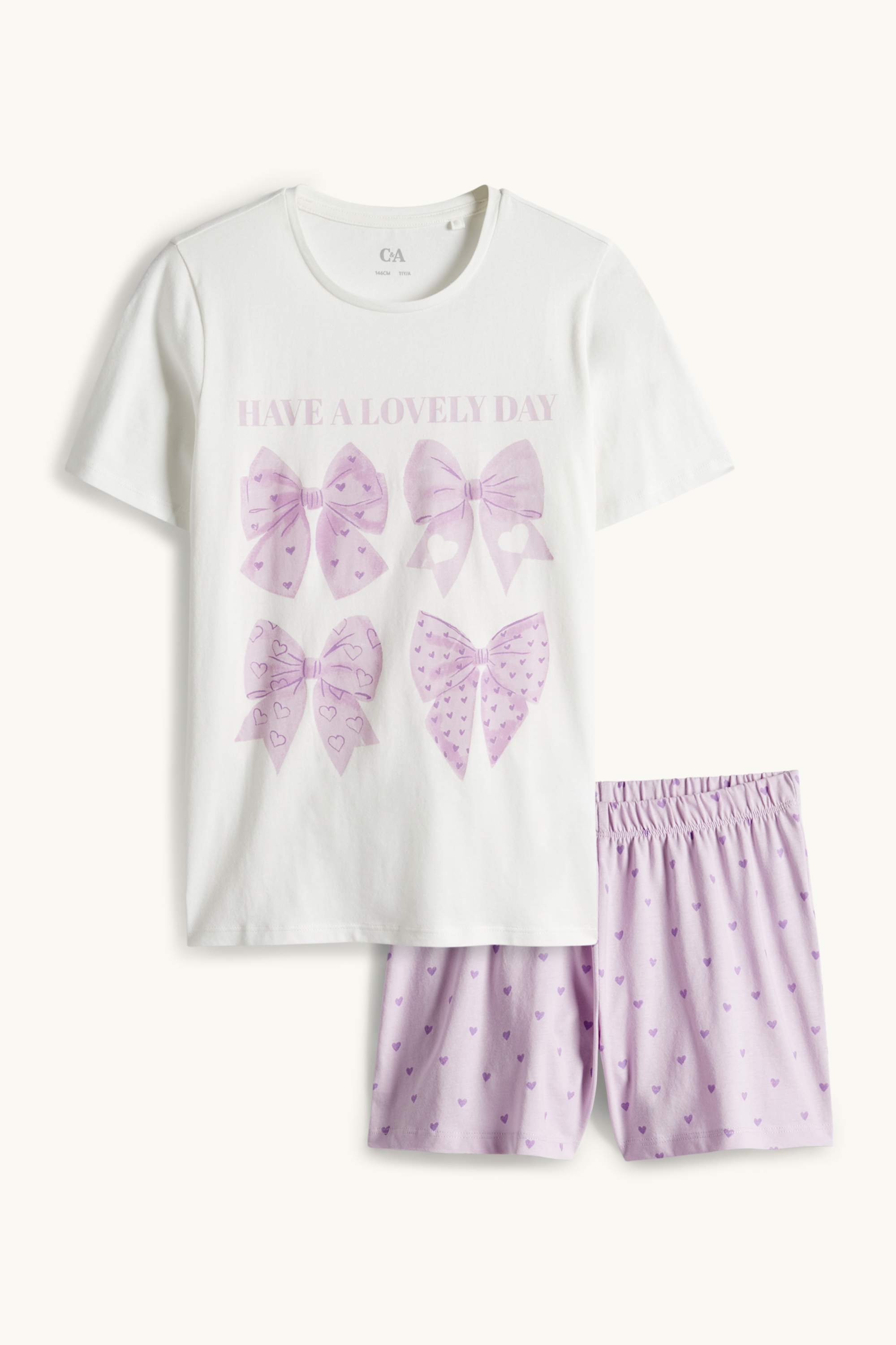 Bow and heart - short pyjamas - 2 piece purple / white